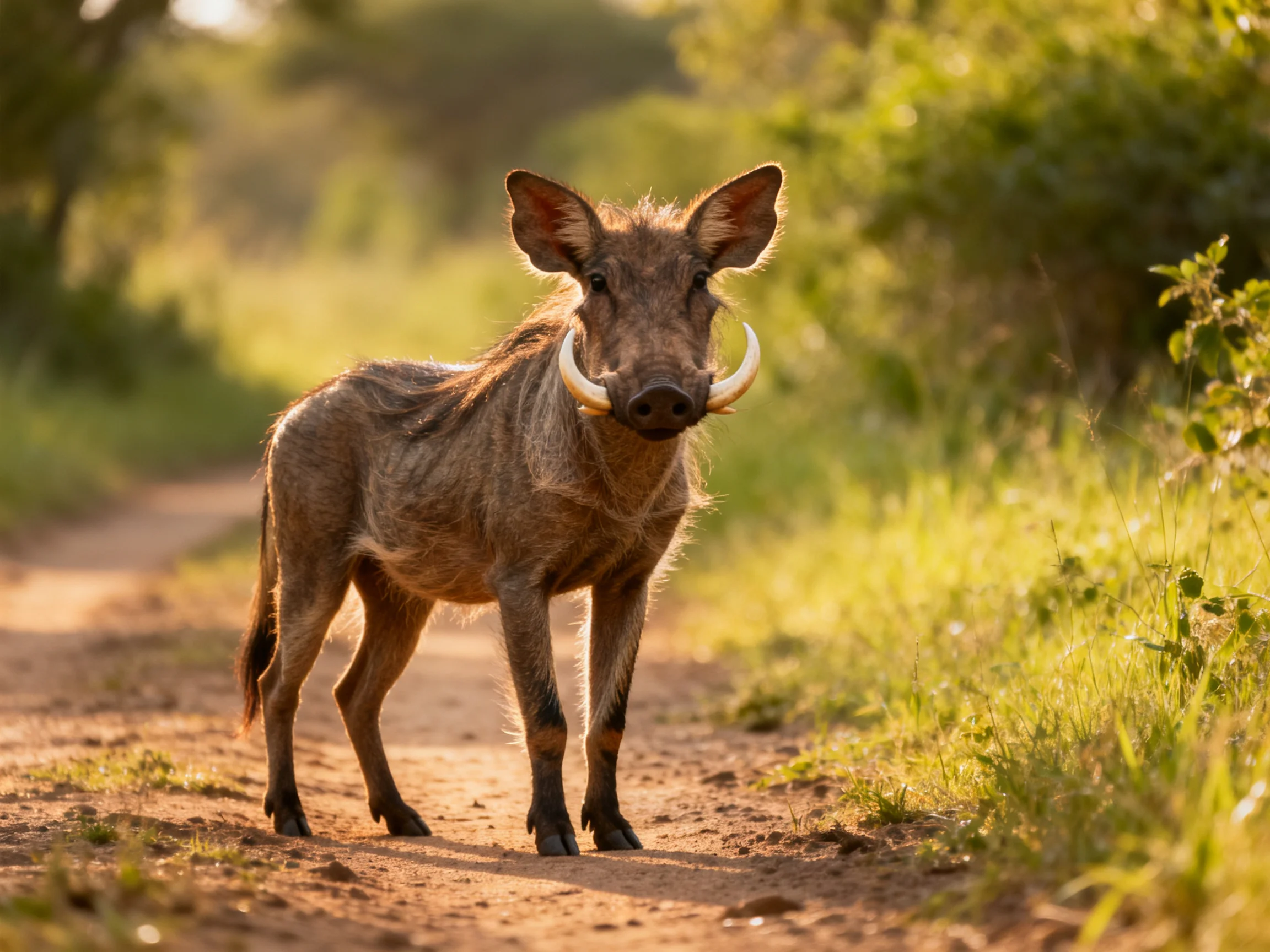 A warthog with curved tusks stands on a sunlit dirt path amid greenery