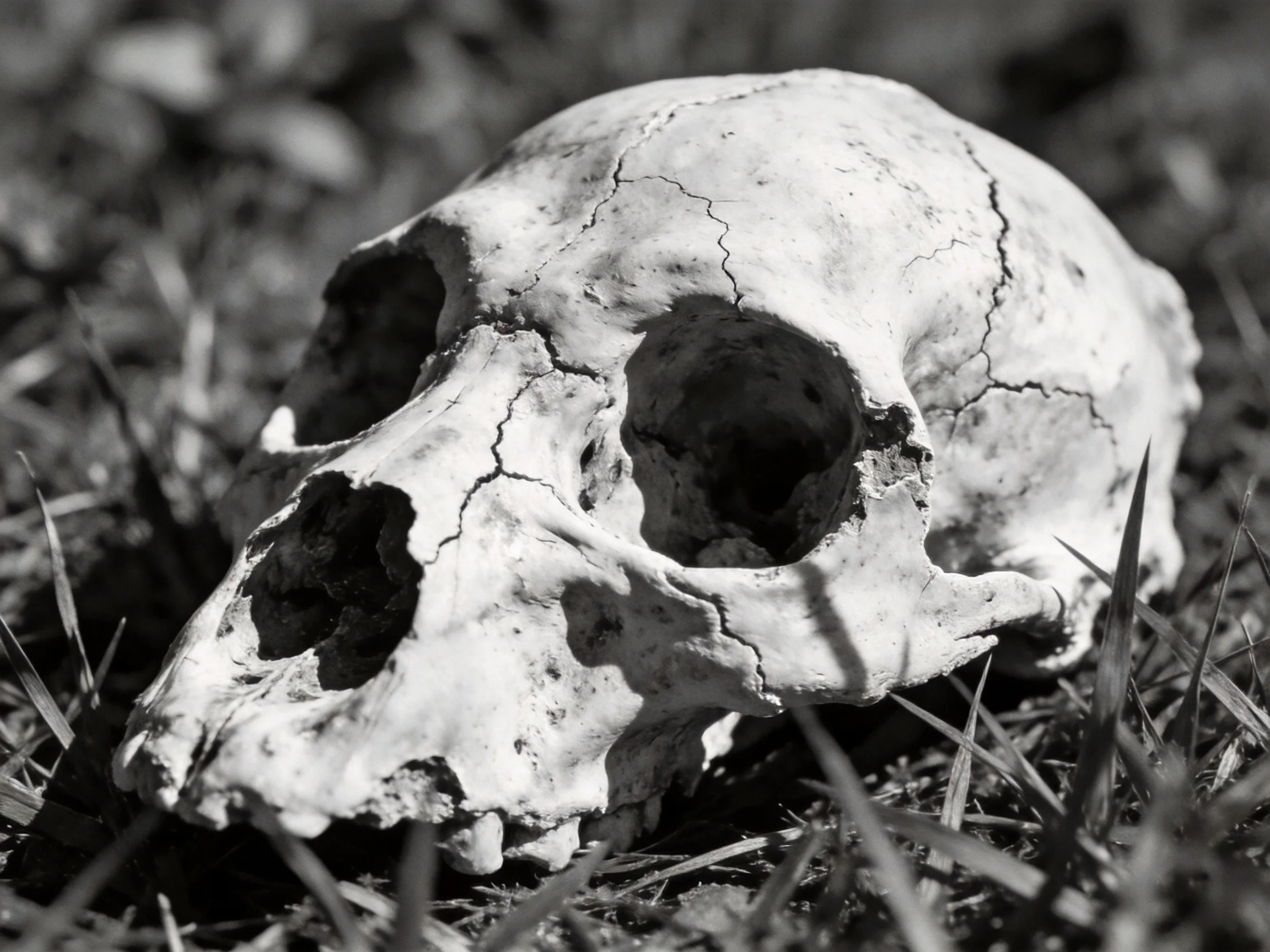 A weathered, cracked animal skull rests on dry grass in black and white