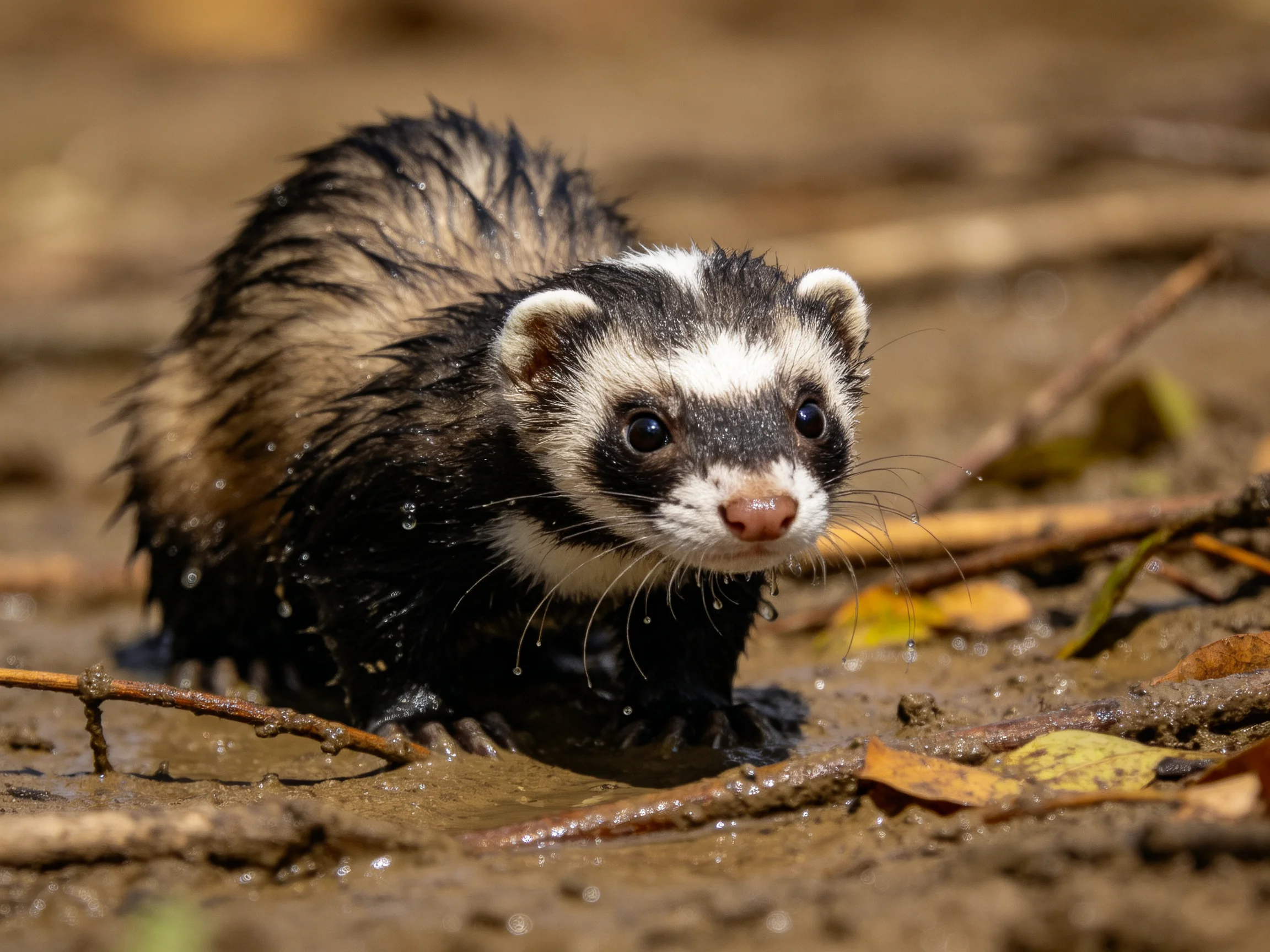 A wet black-and-white ferret forages in muddy earth near dry leaves