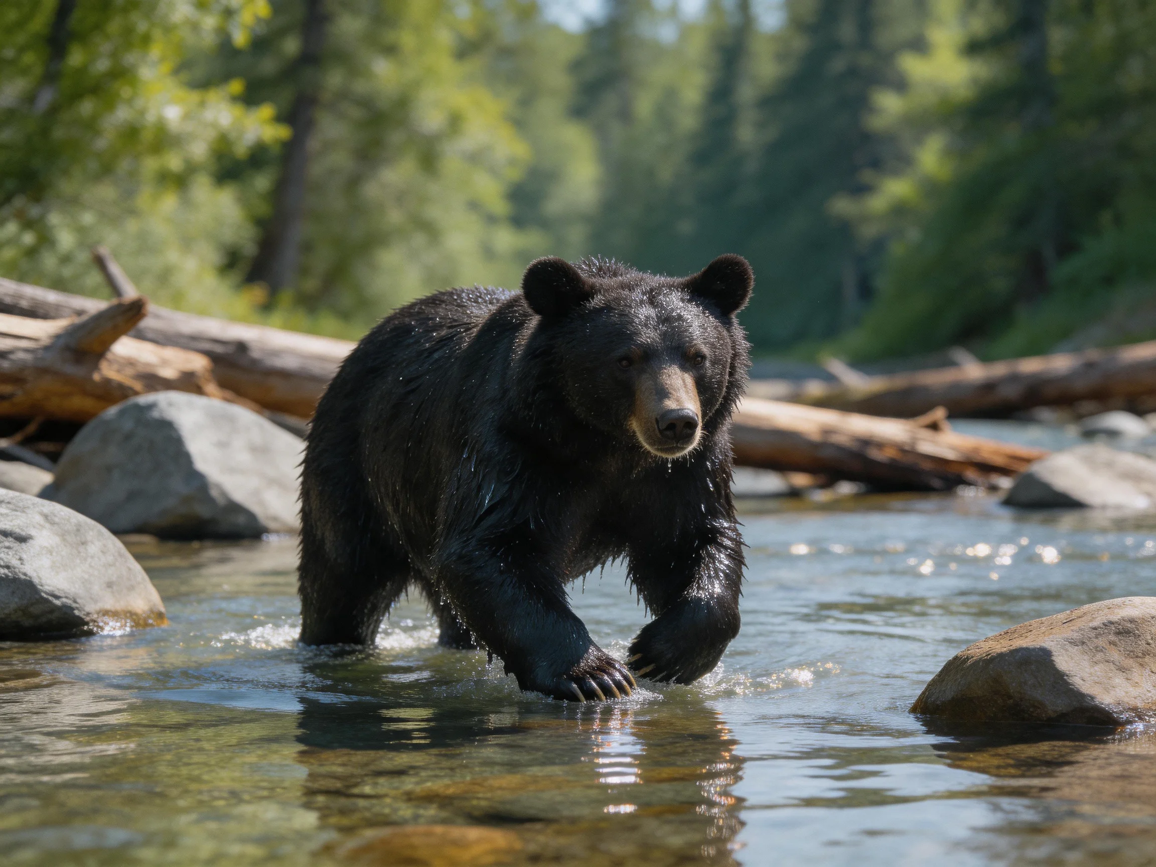 A wet black bear crosses a shallow forest stream
