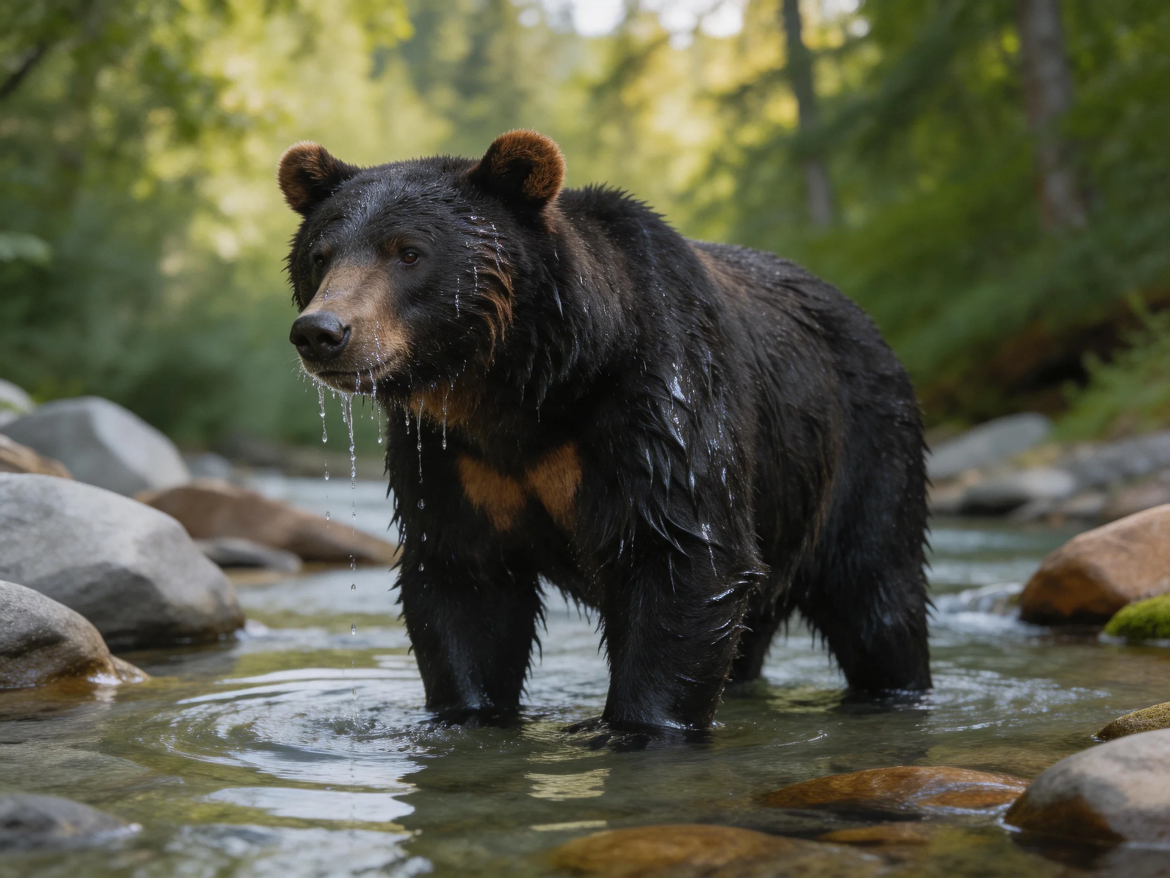 A wet black bear explores a rocky forest stream