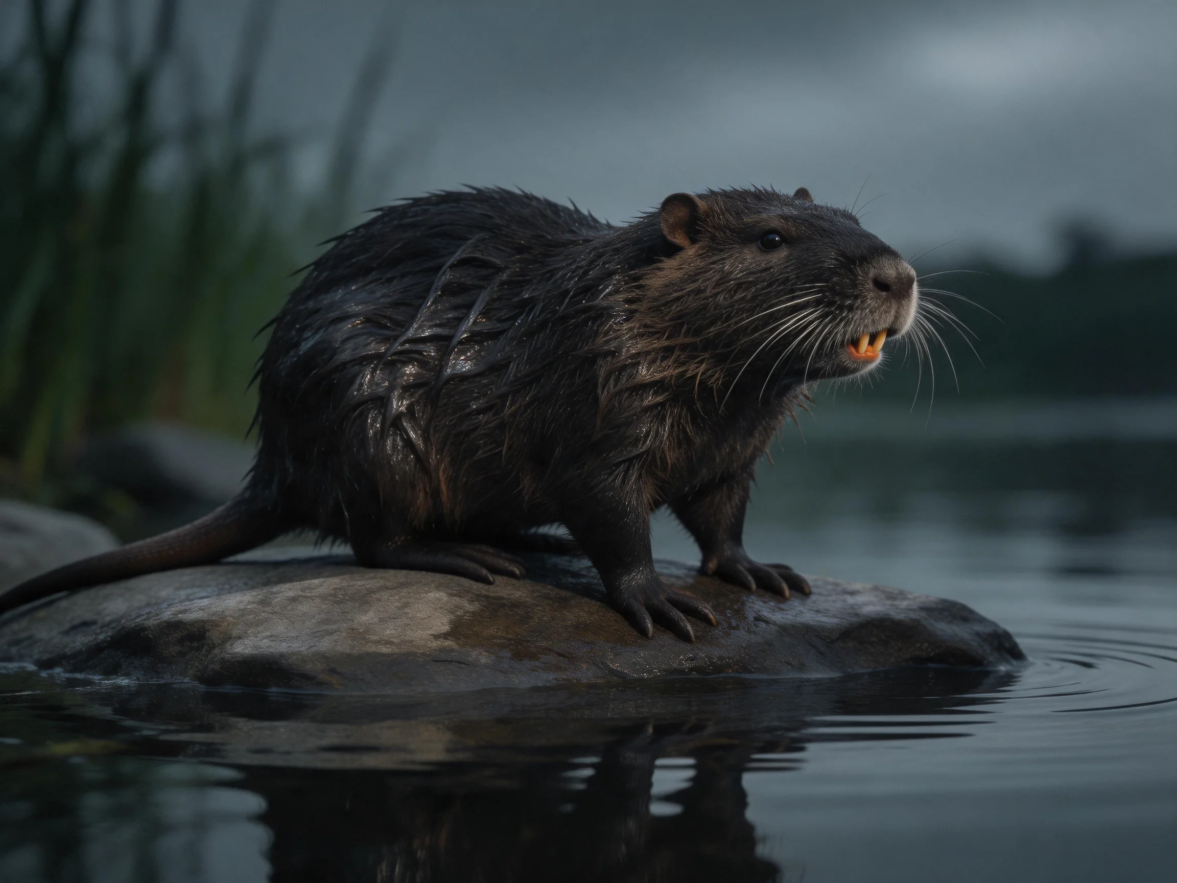 A wet black rodent perches on a rocky outcrop by calm waters