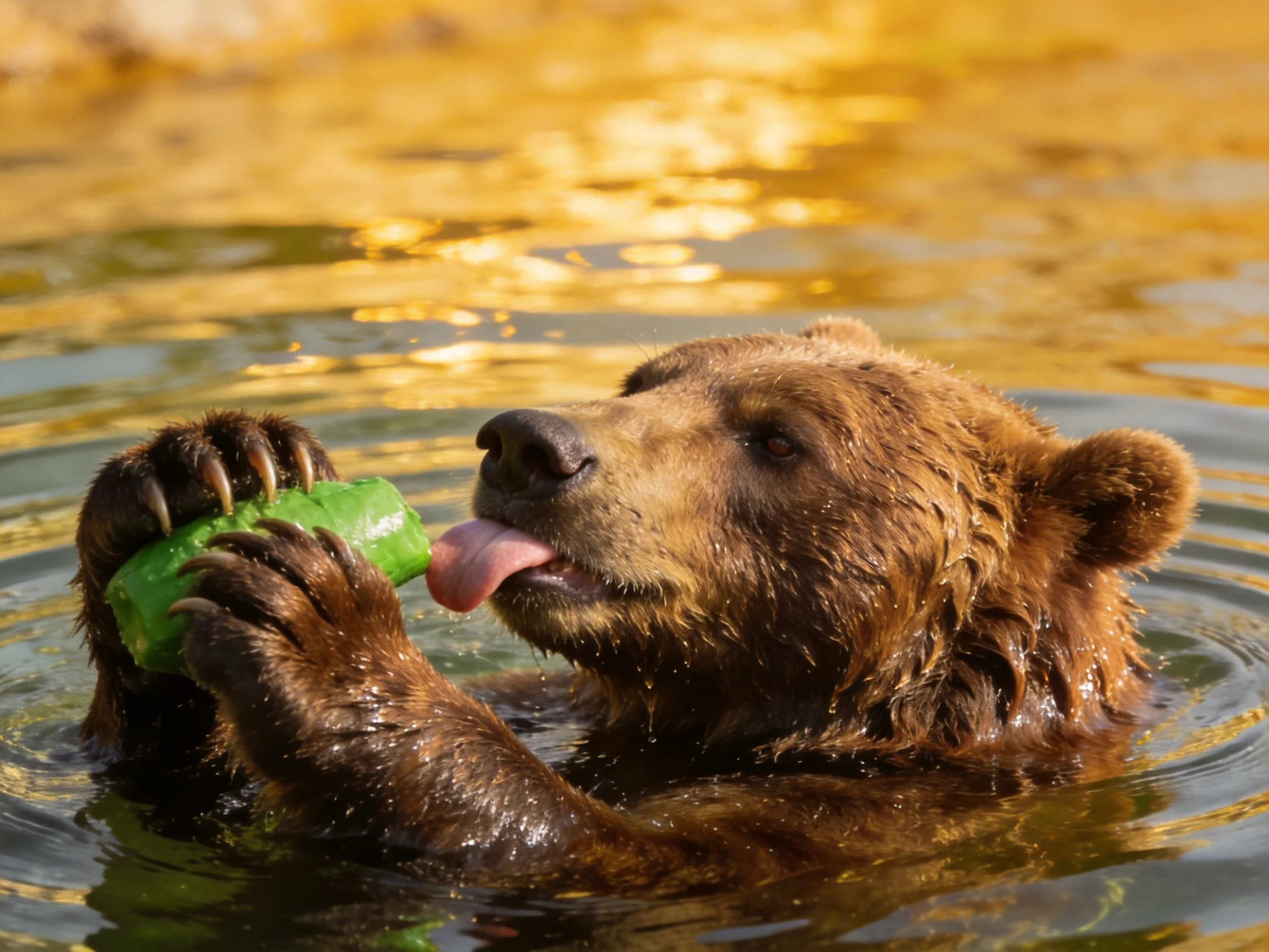 A wet brown bear holds a green object in golden water