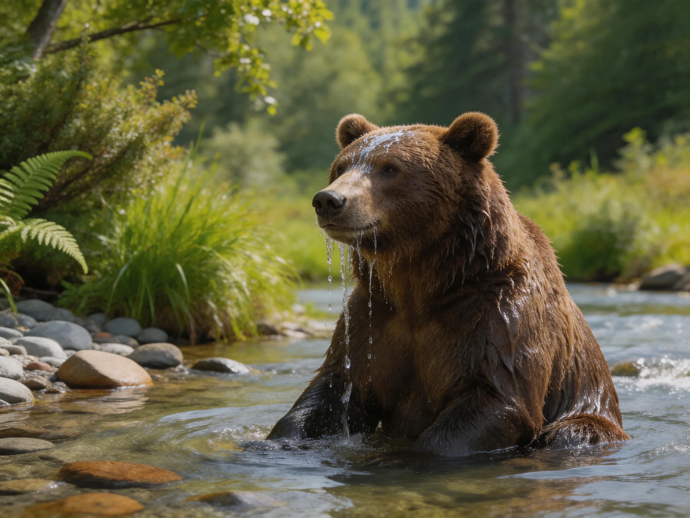 A wet brown bear sits in a clear forest stream