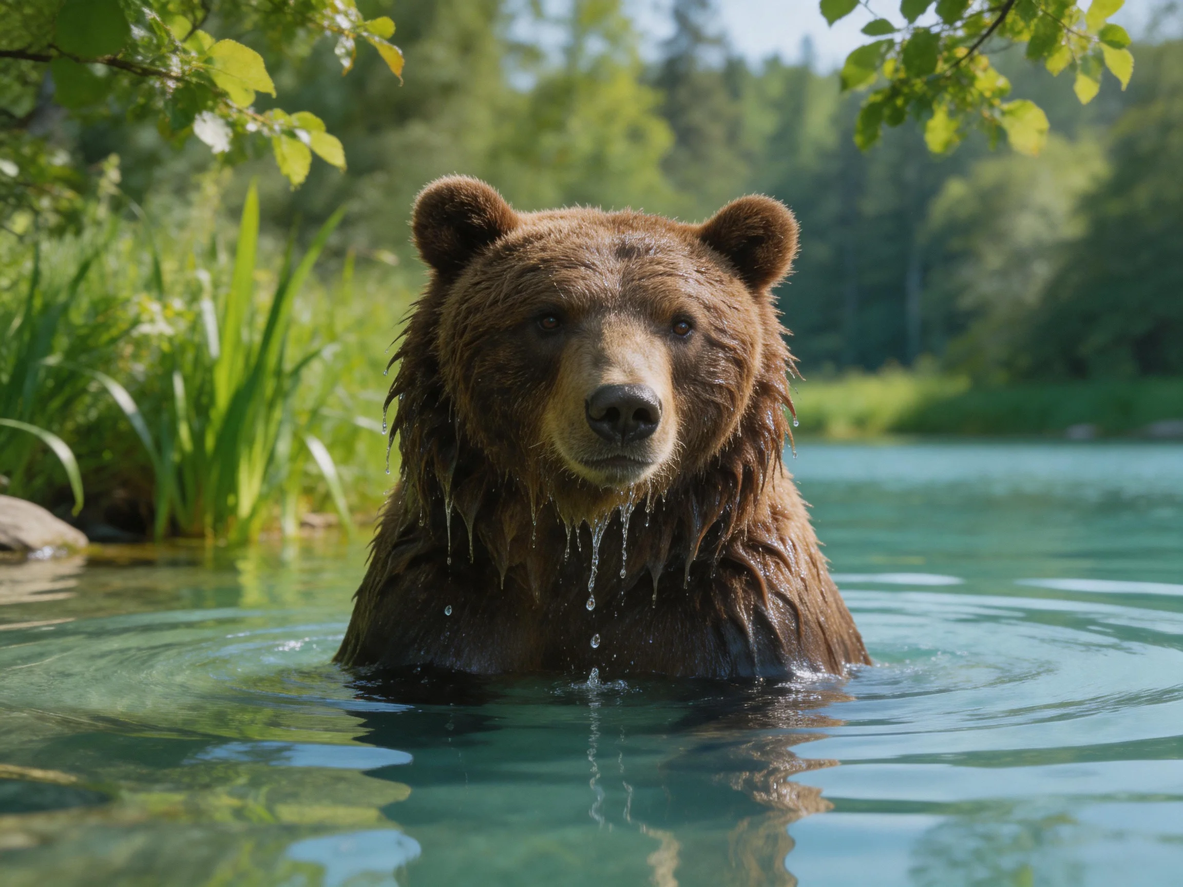 A wet brown bear stands in clear turquoise river waters