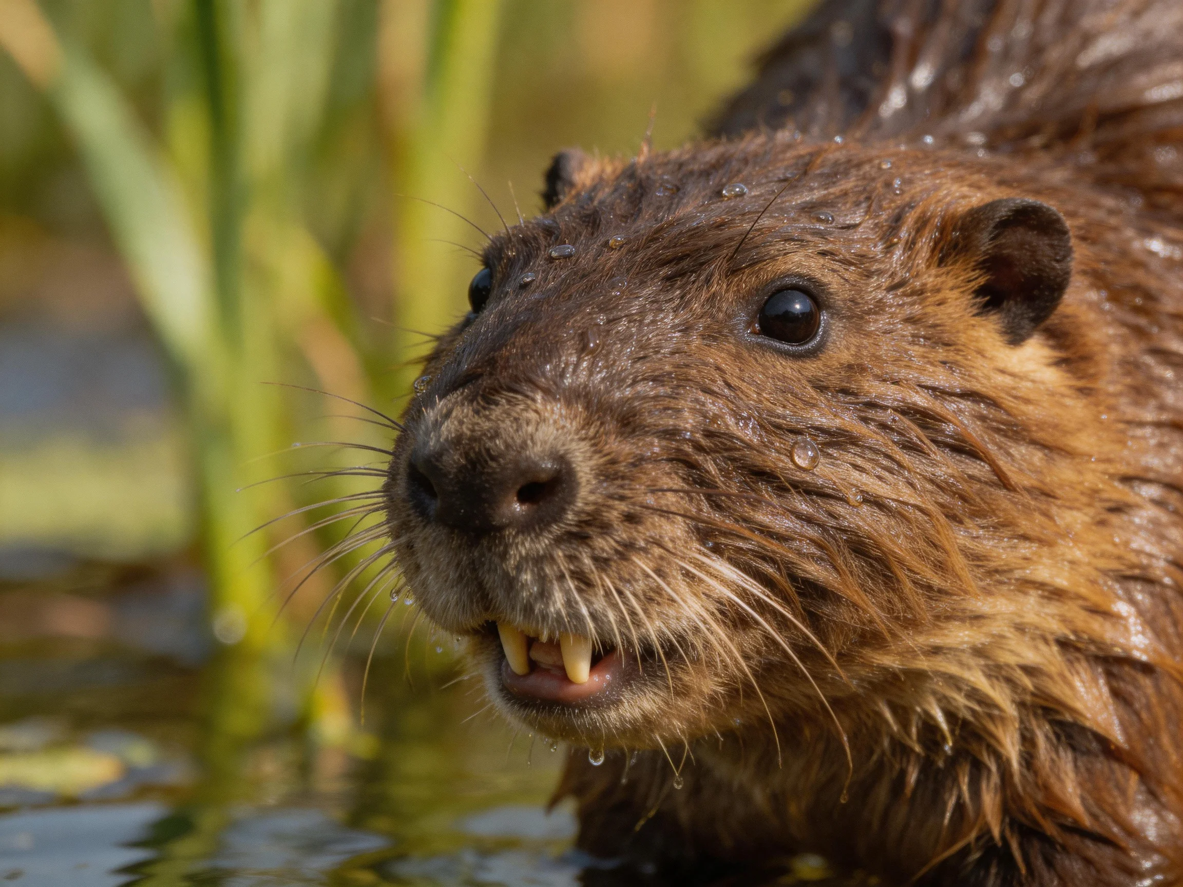 A wet brown beaver near green reeds in water
