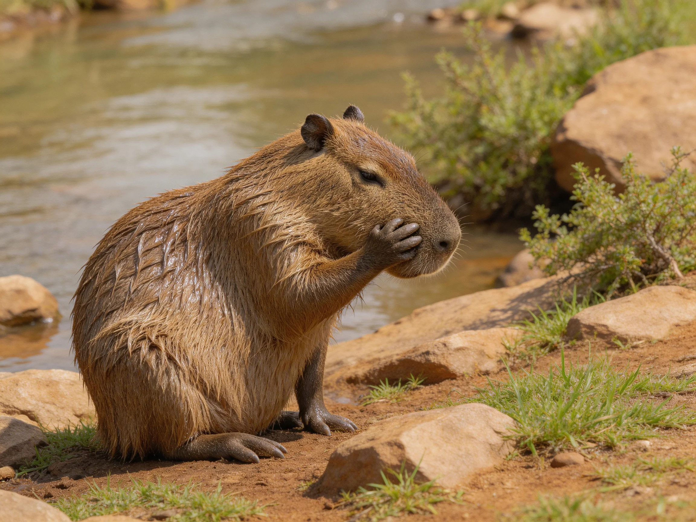 A wet brown capybara grooms by rocky streambank