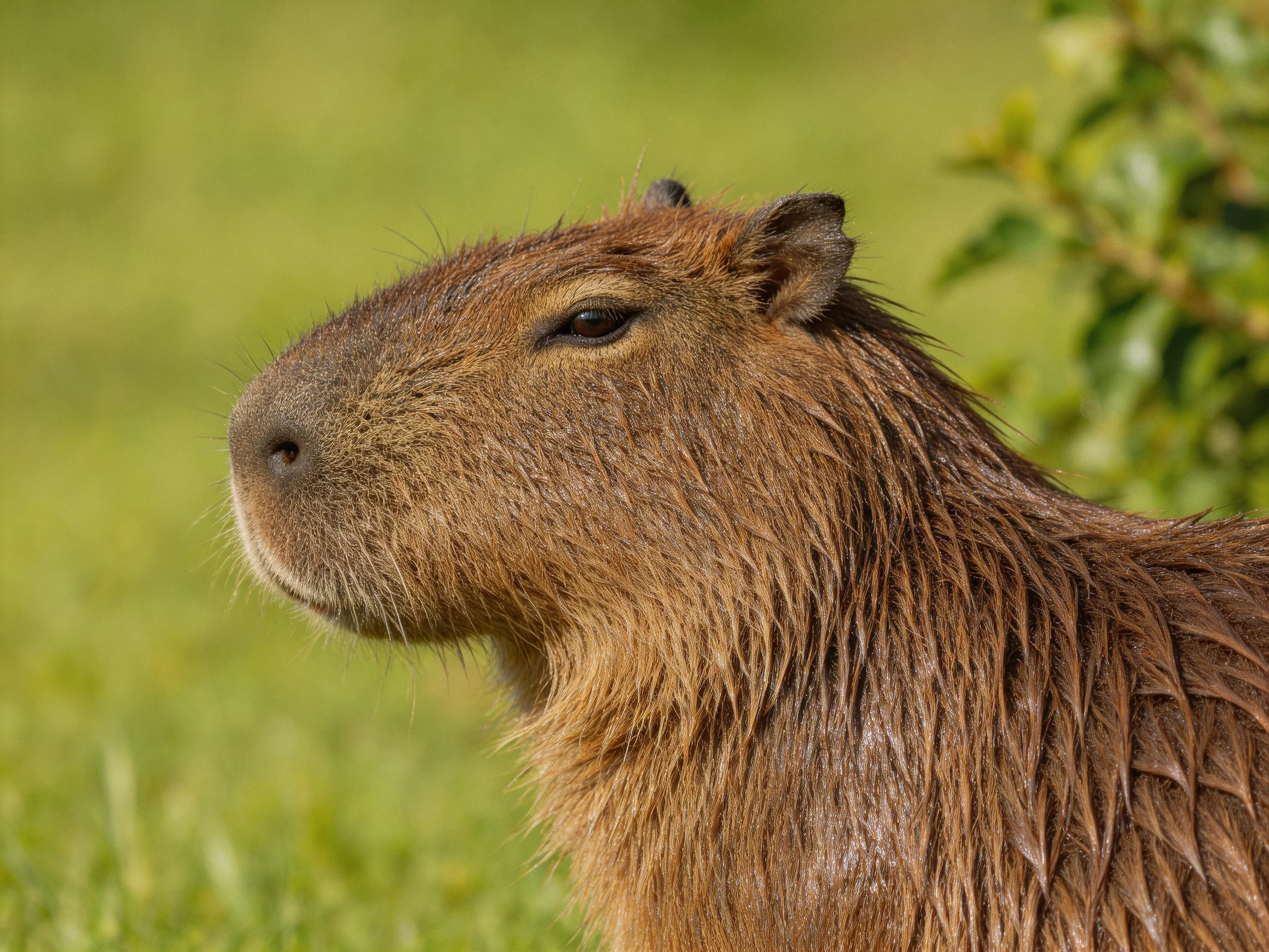 A wet brown capybara in a lush green landscape