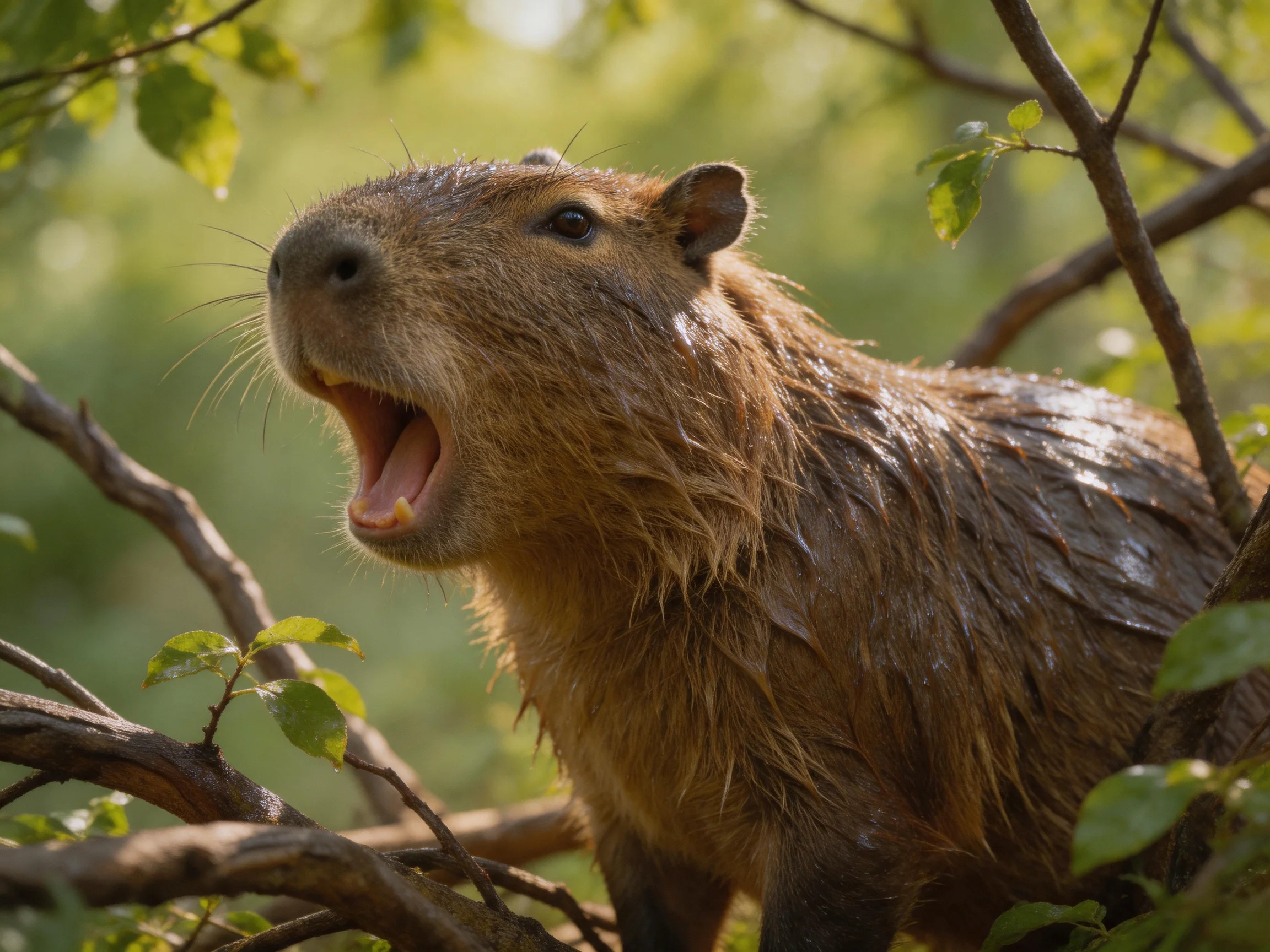 A wet brown capybara vocalizes in dense green foliage.