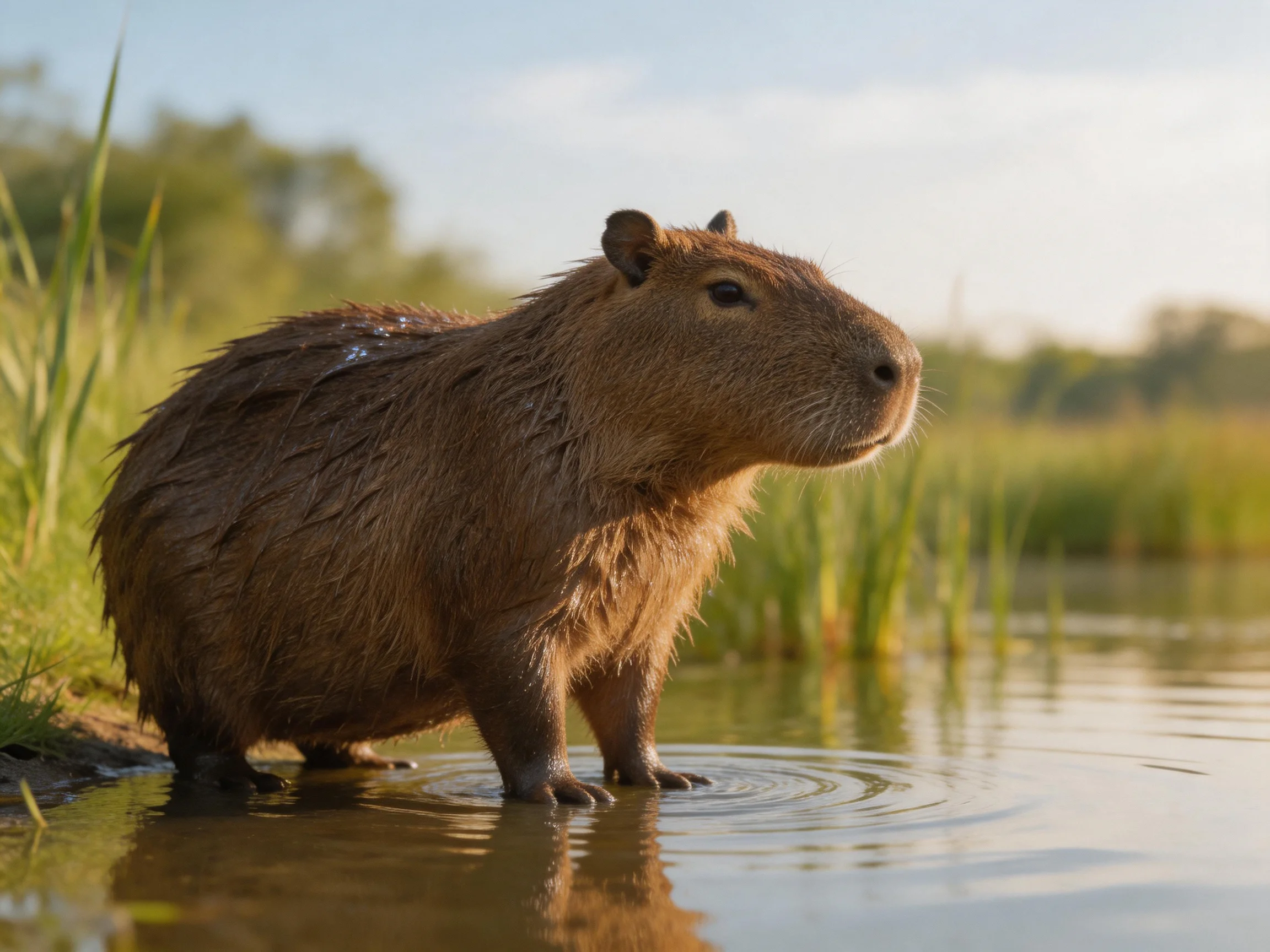 A wet brown capybara stands in shallow water near tall green reeds