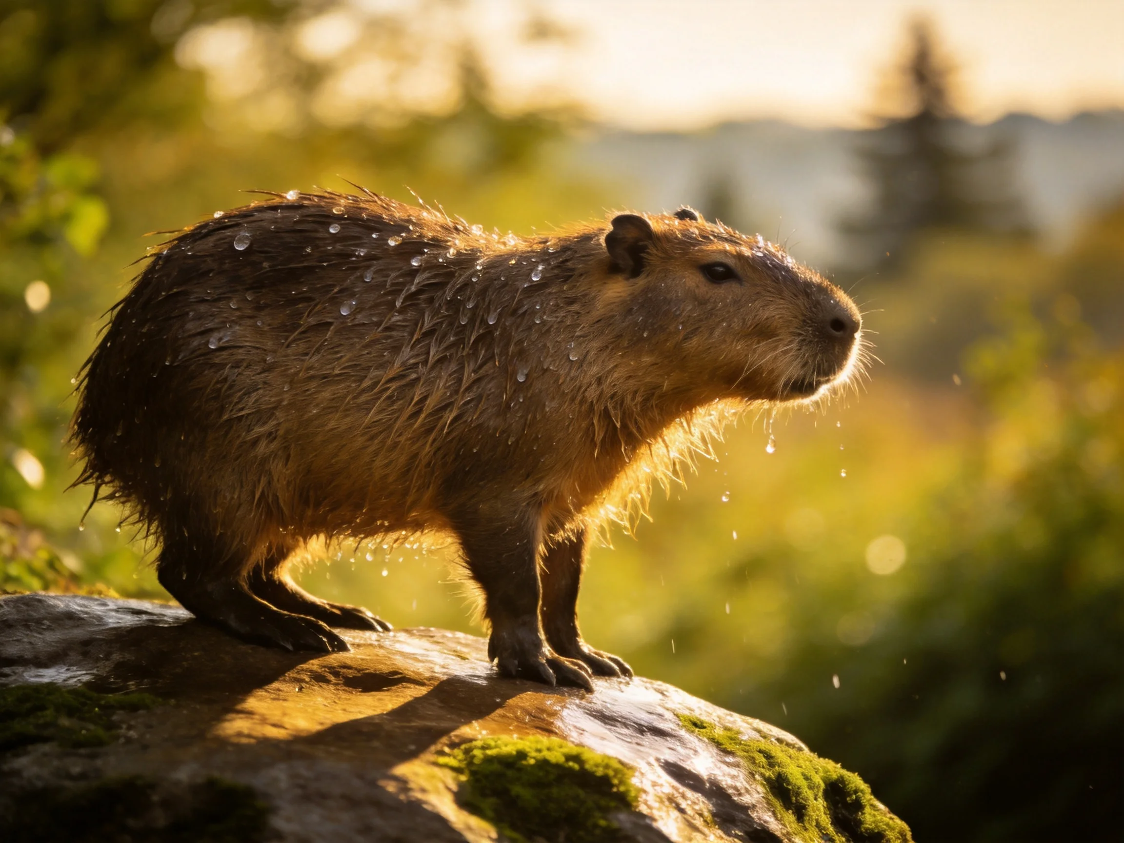 A wet brown capybara stands on a moss-covered rock in golden light