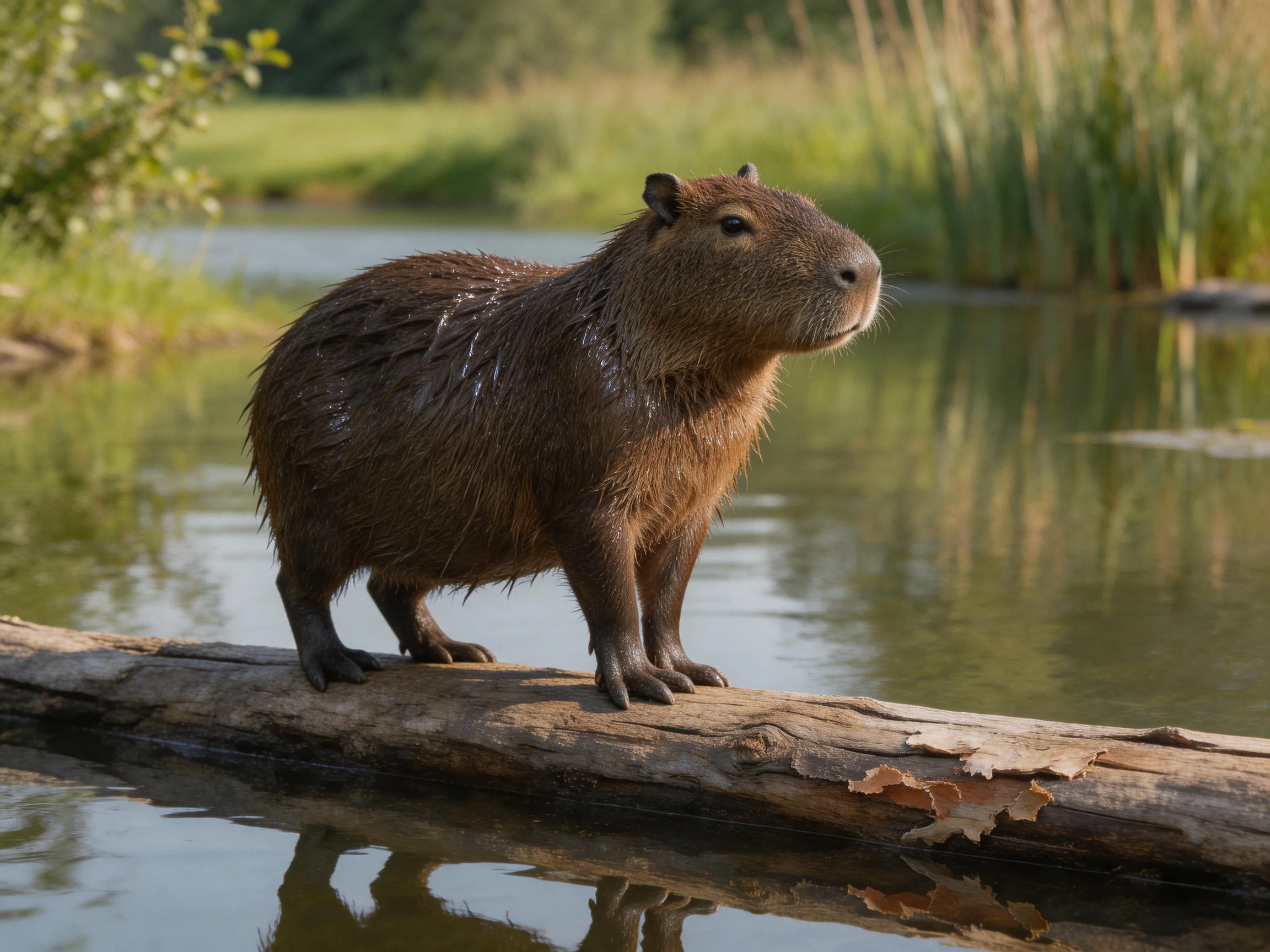 A wet brown capybara stands on a weathered log by calm waters