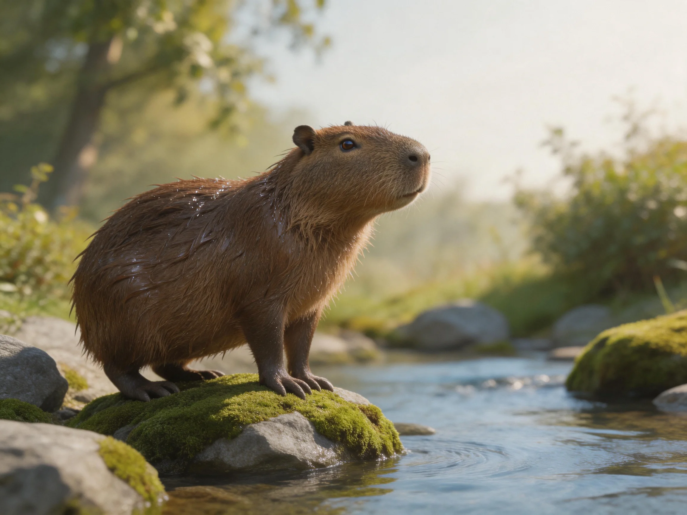 A wet capybara stands on rocks by a stream