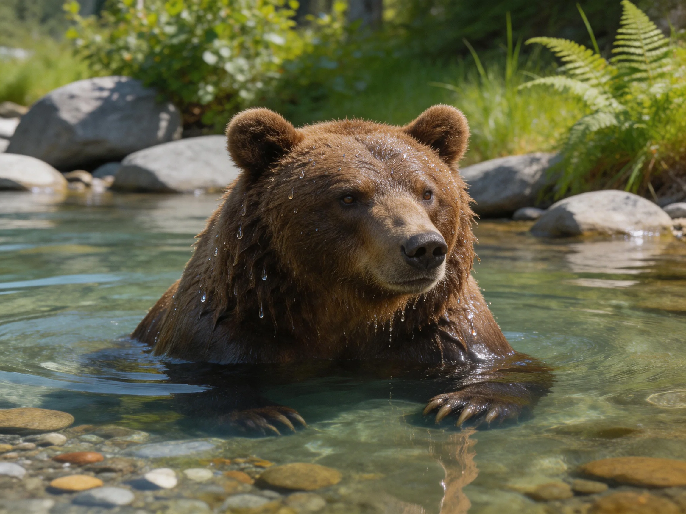 A wet brown grizzly bear in a clear mountain stream