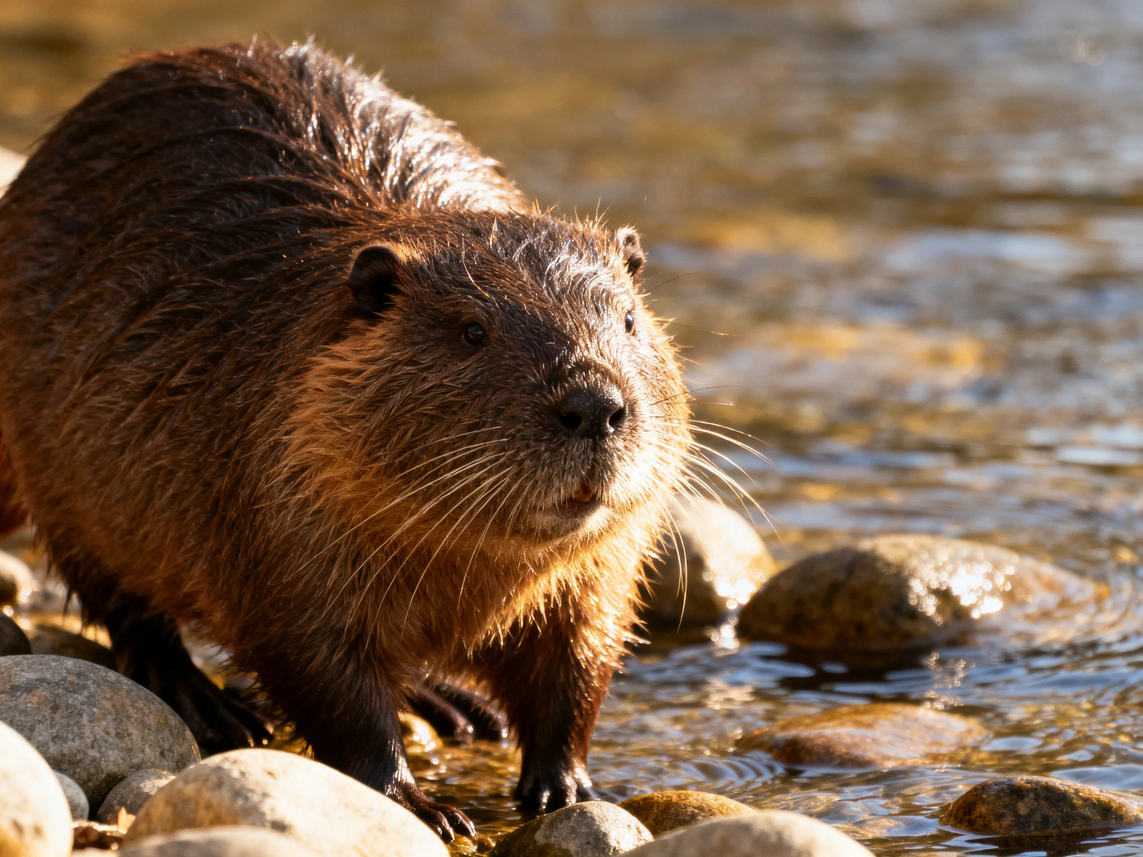 A brown nutria stands near smooth river rocks by clear water.