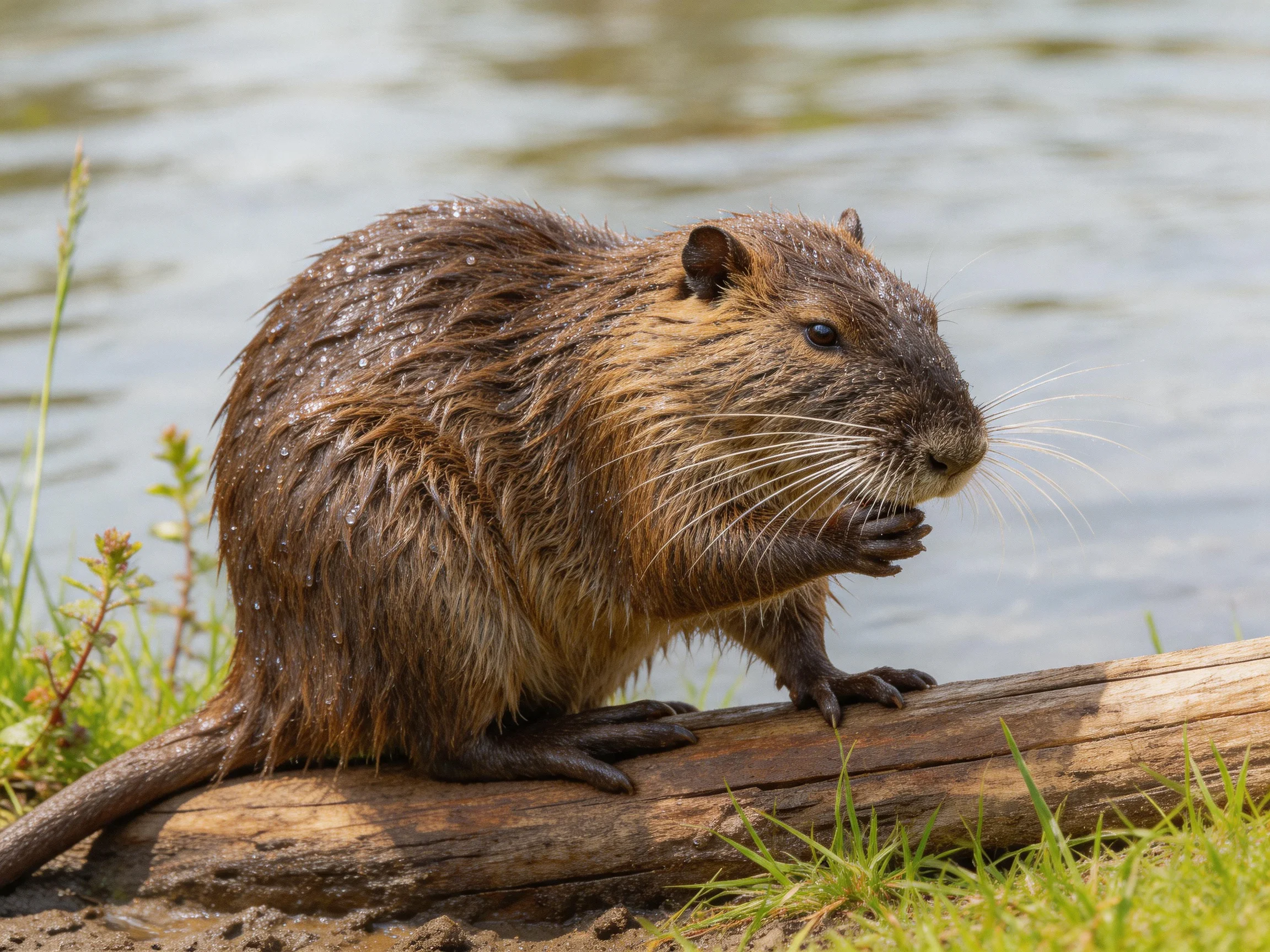 A wet brown nutria nibbles on a log by calm water