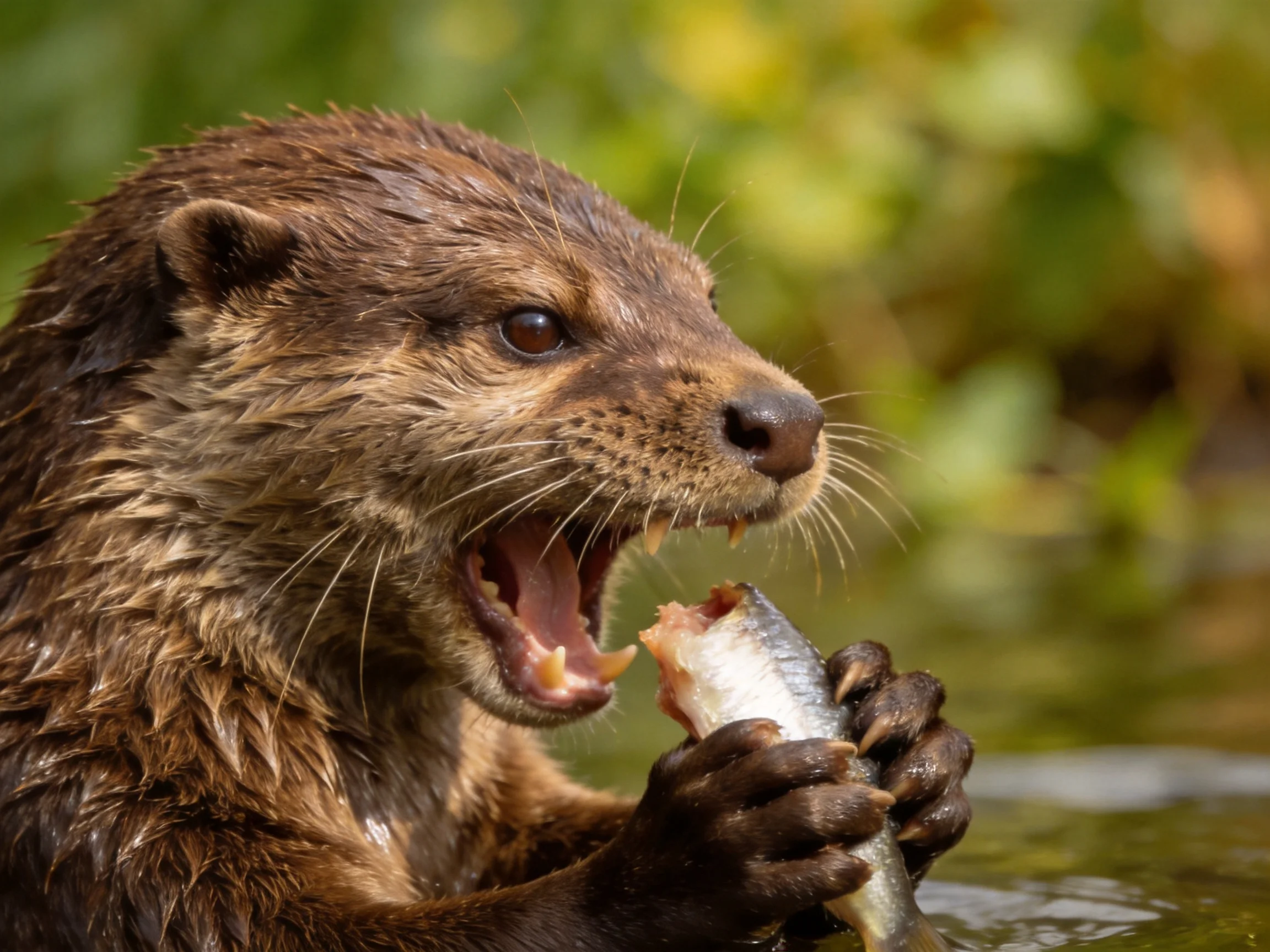 A wet brown otter consuming a silver fish amid lush green surroundings