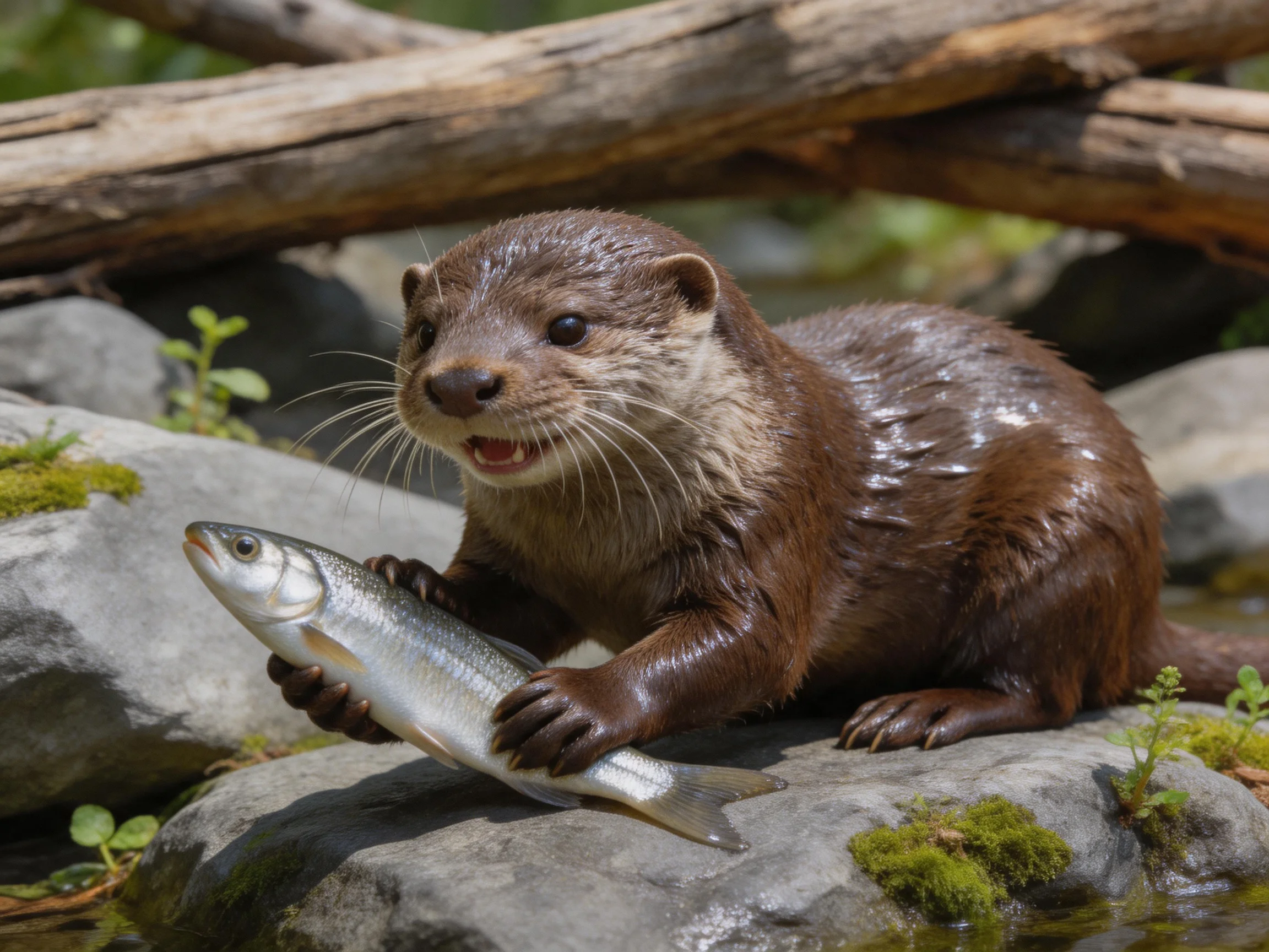 A wet brown otter holds a silver fish near mossy rocks