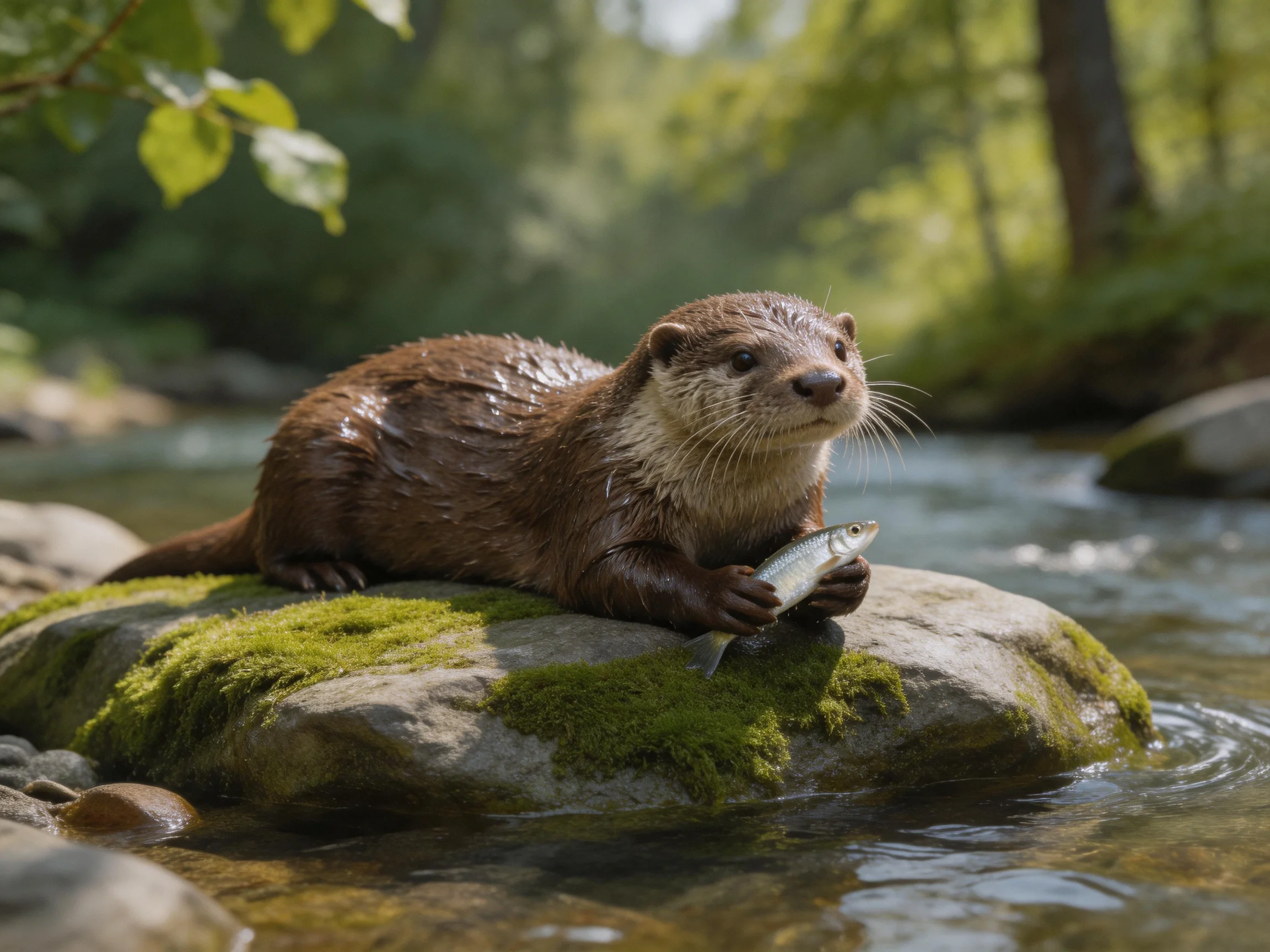 A wet brown otter holds a silver fish on a moss-covered river rock