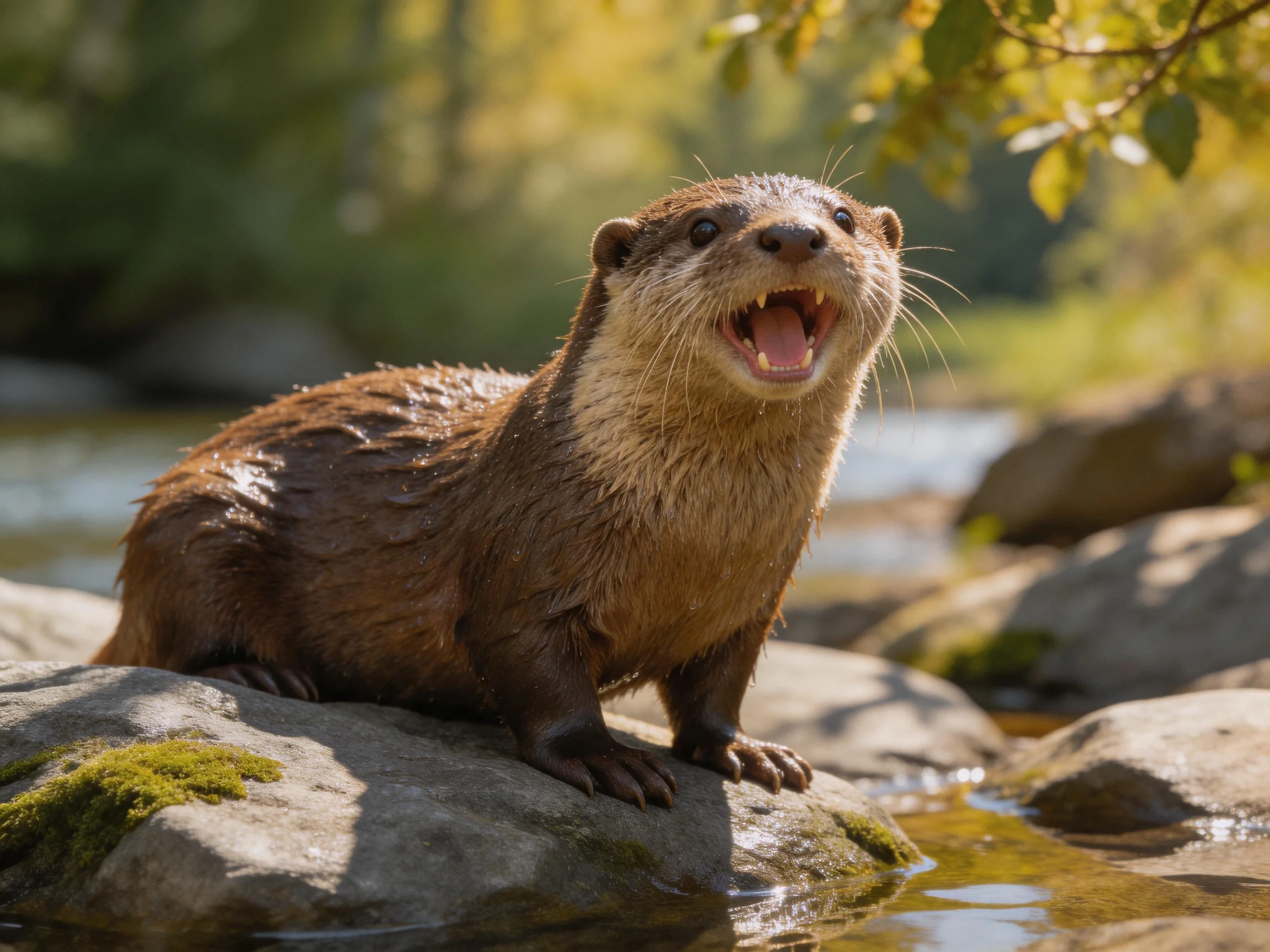 A brown otter rests on rocks by a sunlit stream.