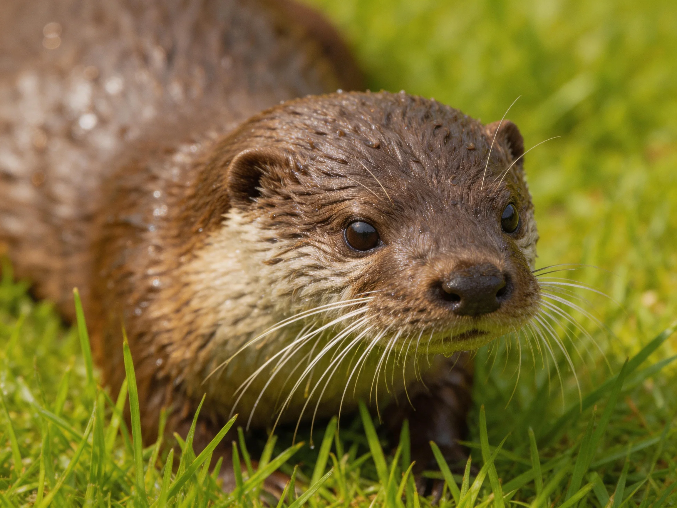 A wet brown otter rests amid vibrant green grass.