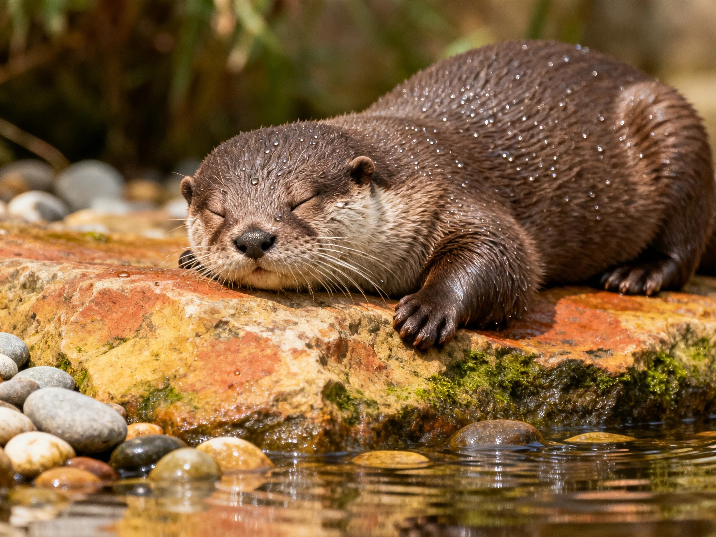 A wet brown otter rests on a mossy rock near calm water