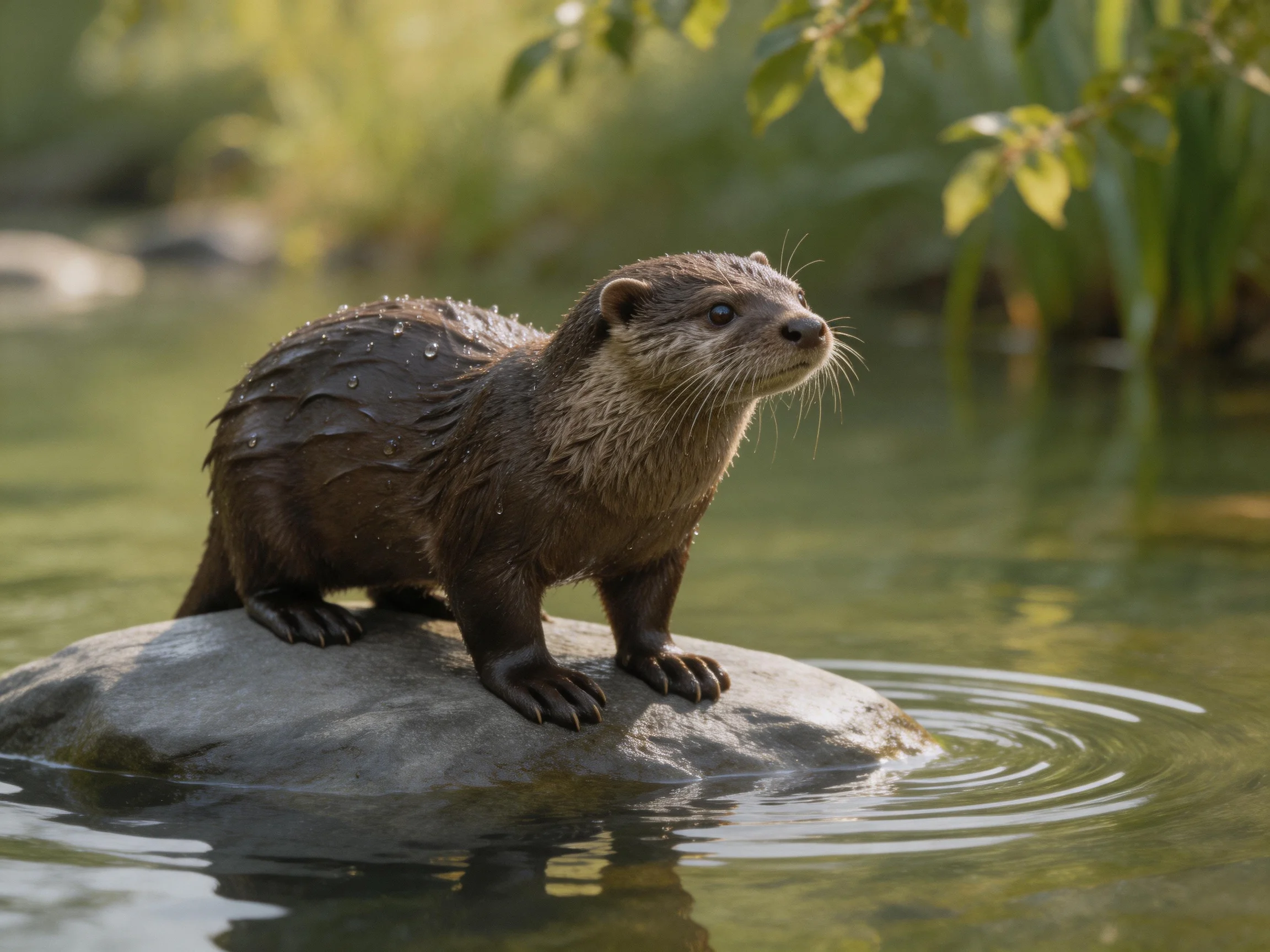 A wet brown otter stands on a smooth gray rock near calm water