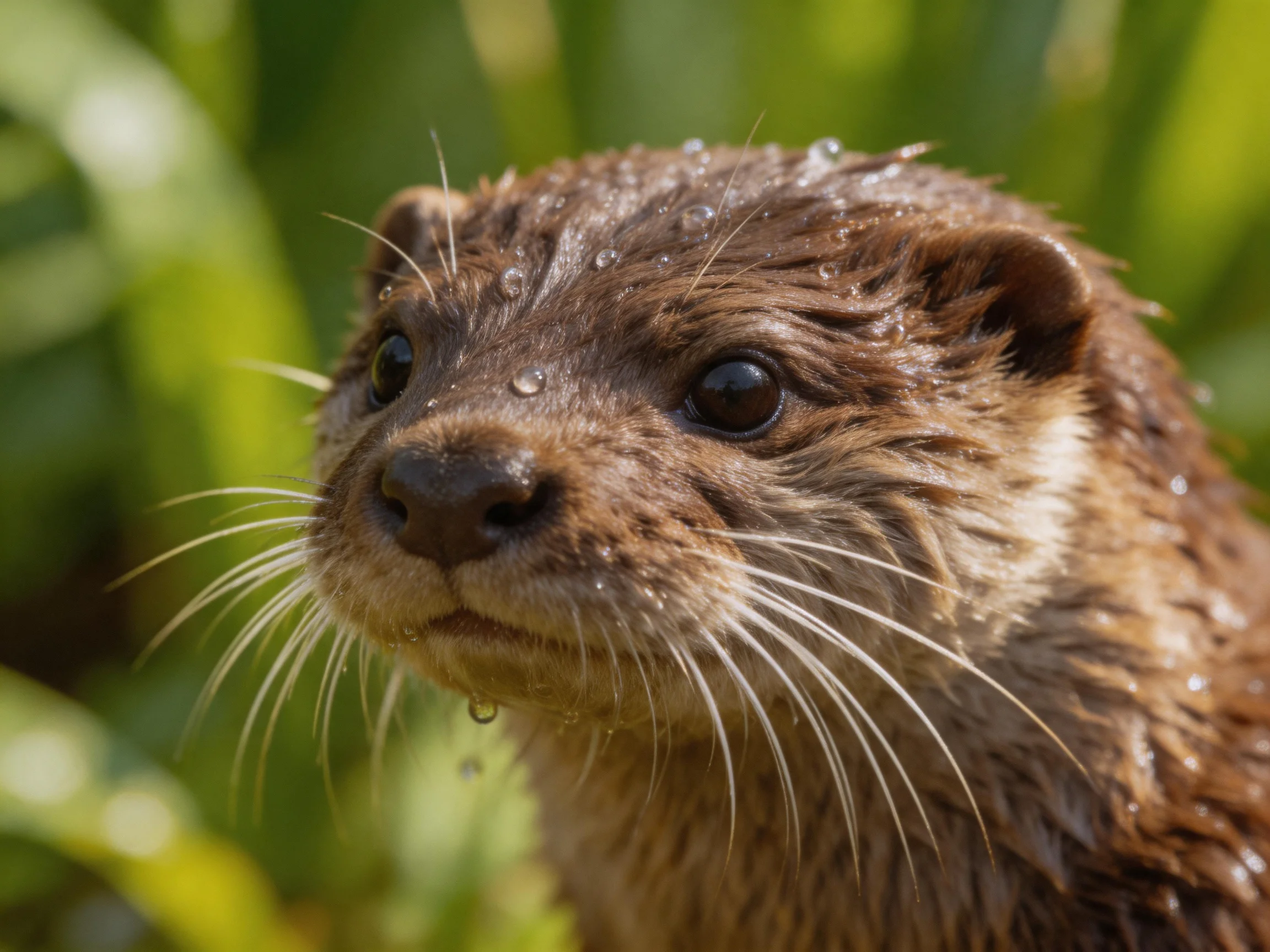 Close-up of a wet brown otter with water droplets amid greenery