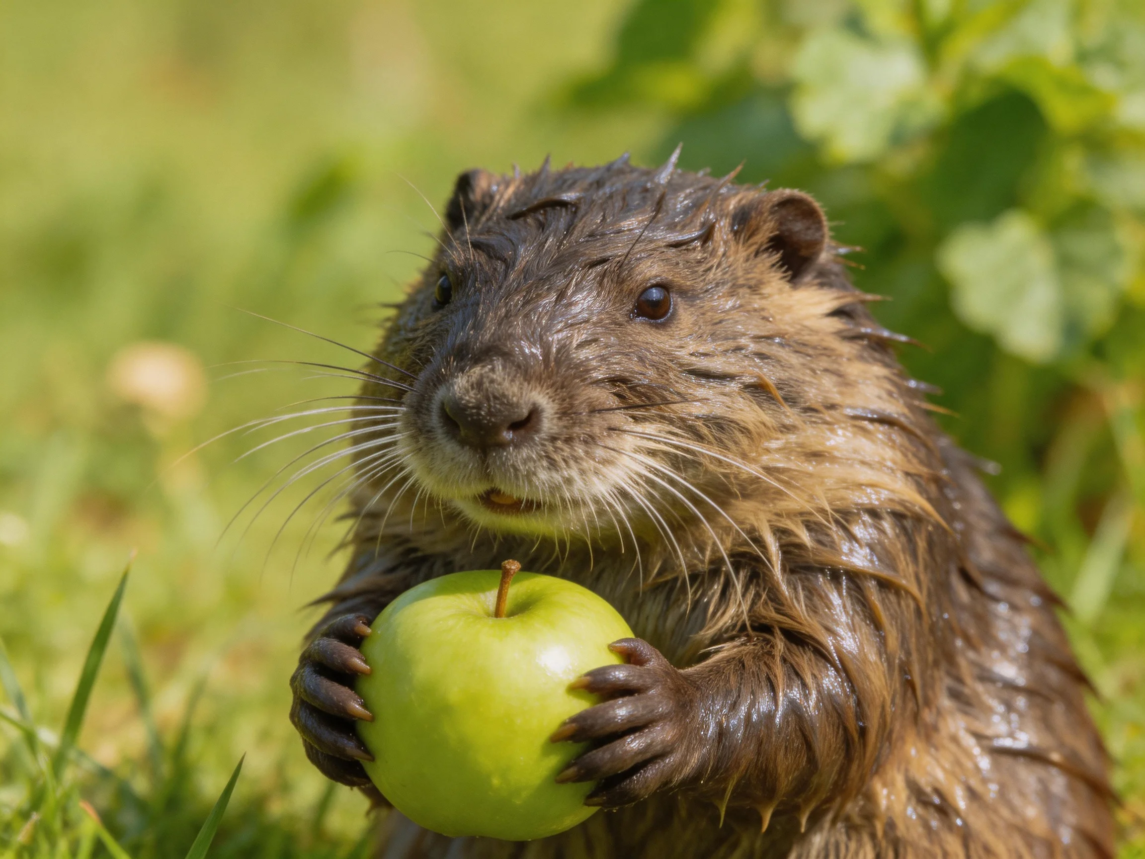 A wet brown rodent clutching a bright green apple in a grassy area