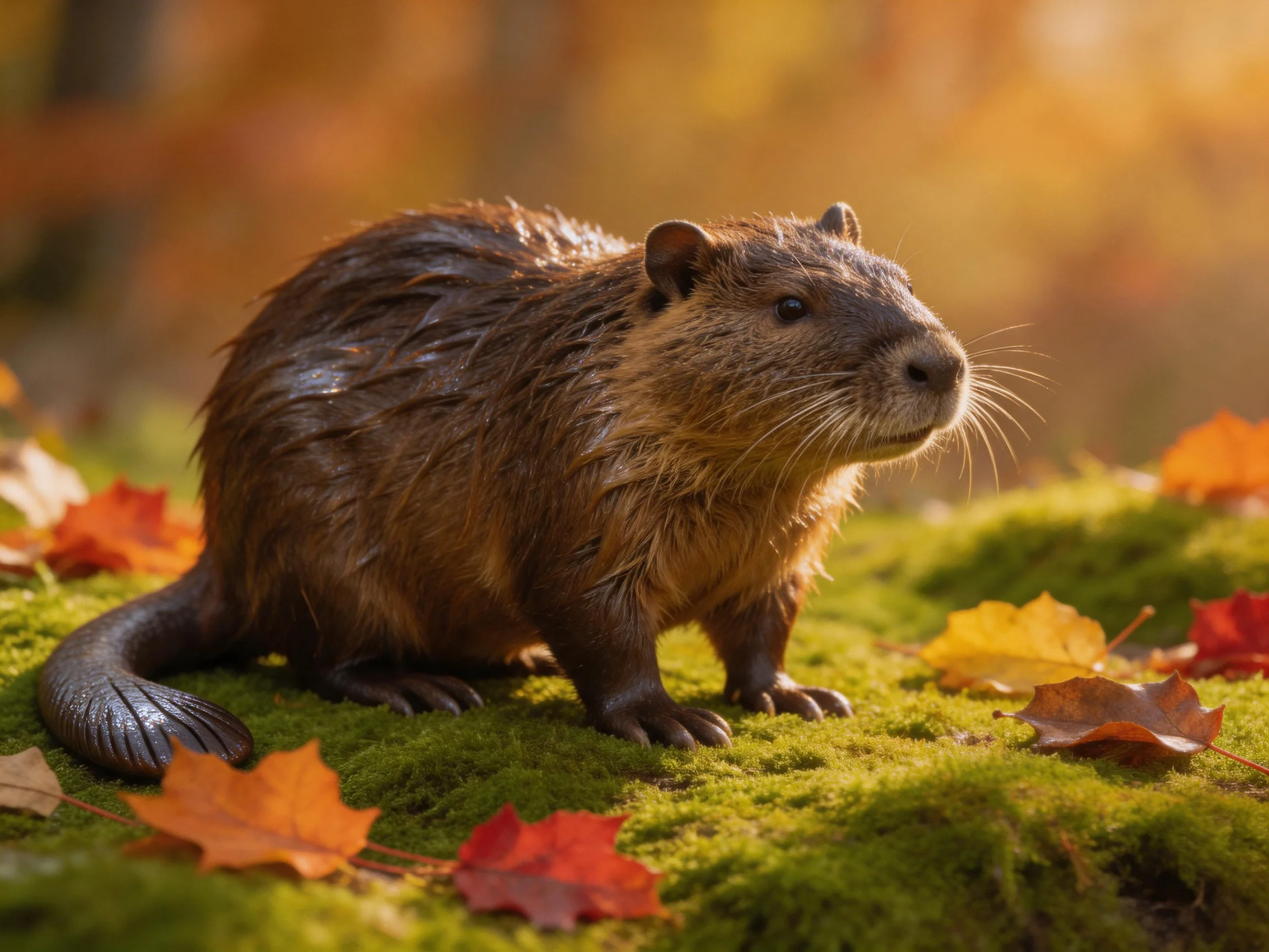 A wet brown rodent on moss with autumn leaves