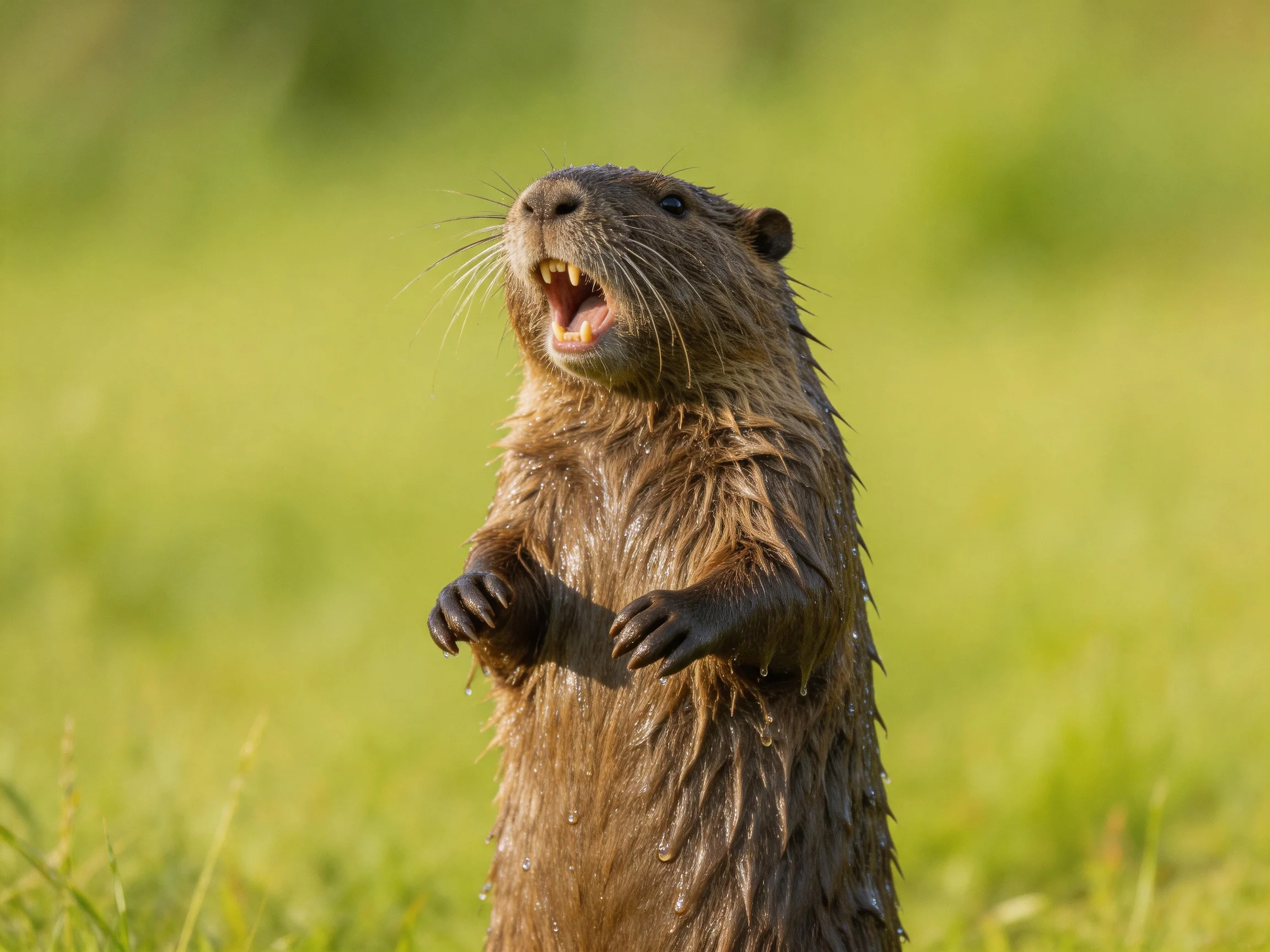 A wet brown rodent stands upright in a green meadow