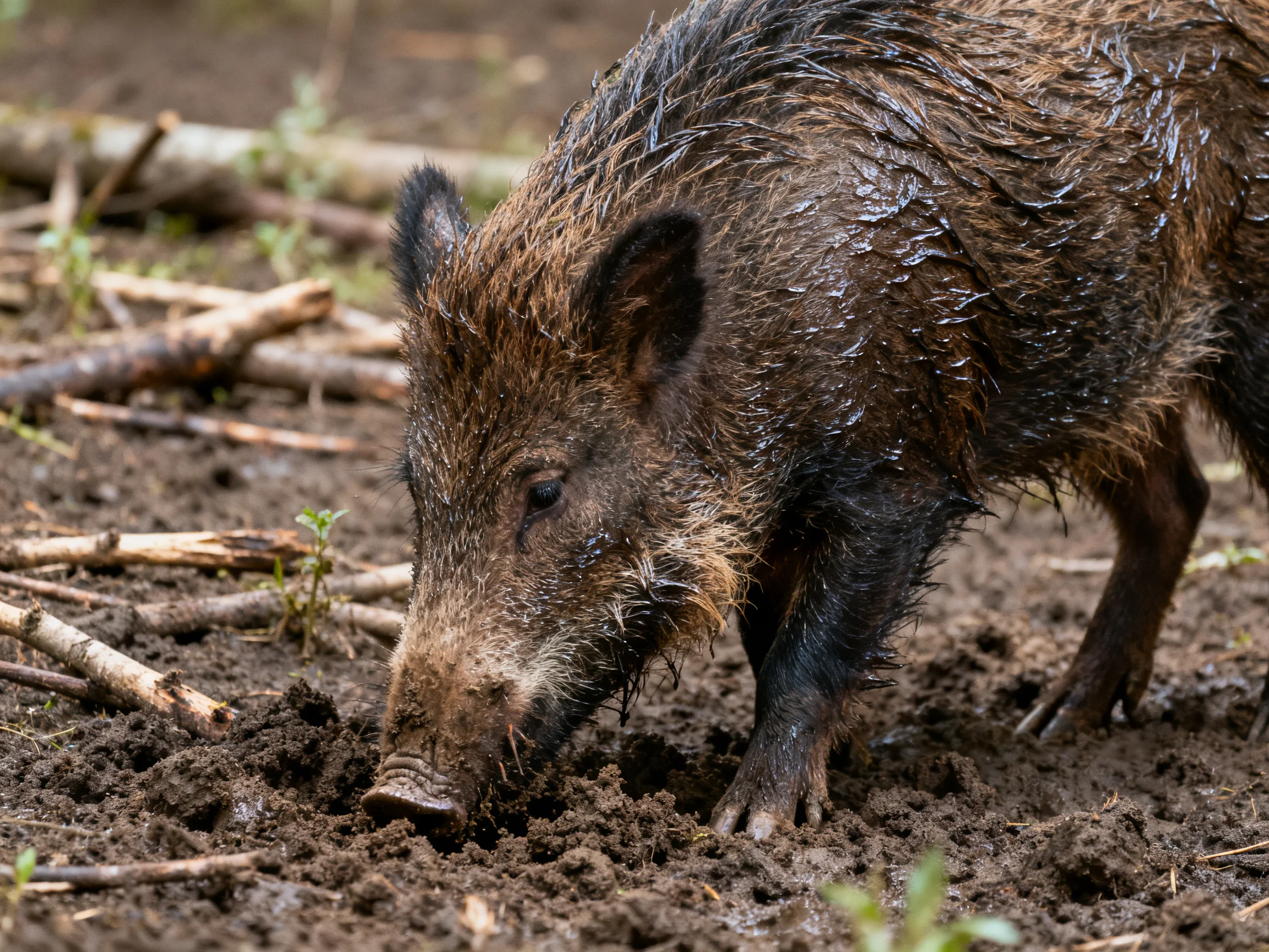 A wet brown wild boar forages in a muddy forest clearing