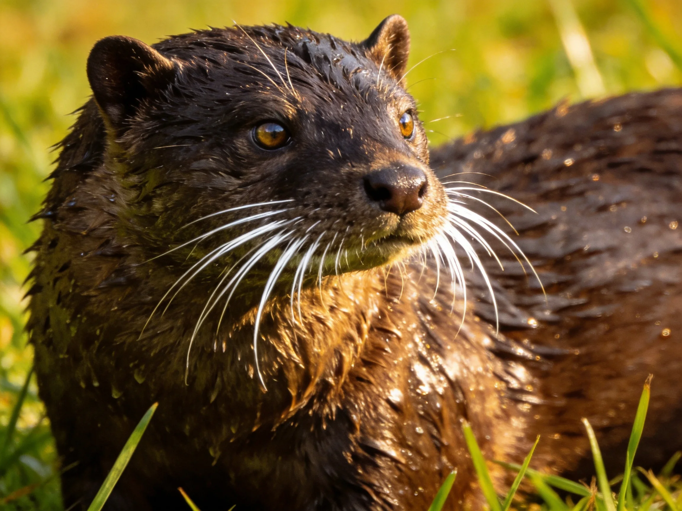 A wet dark brown mammal rests amid lush green grass
