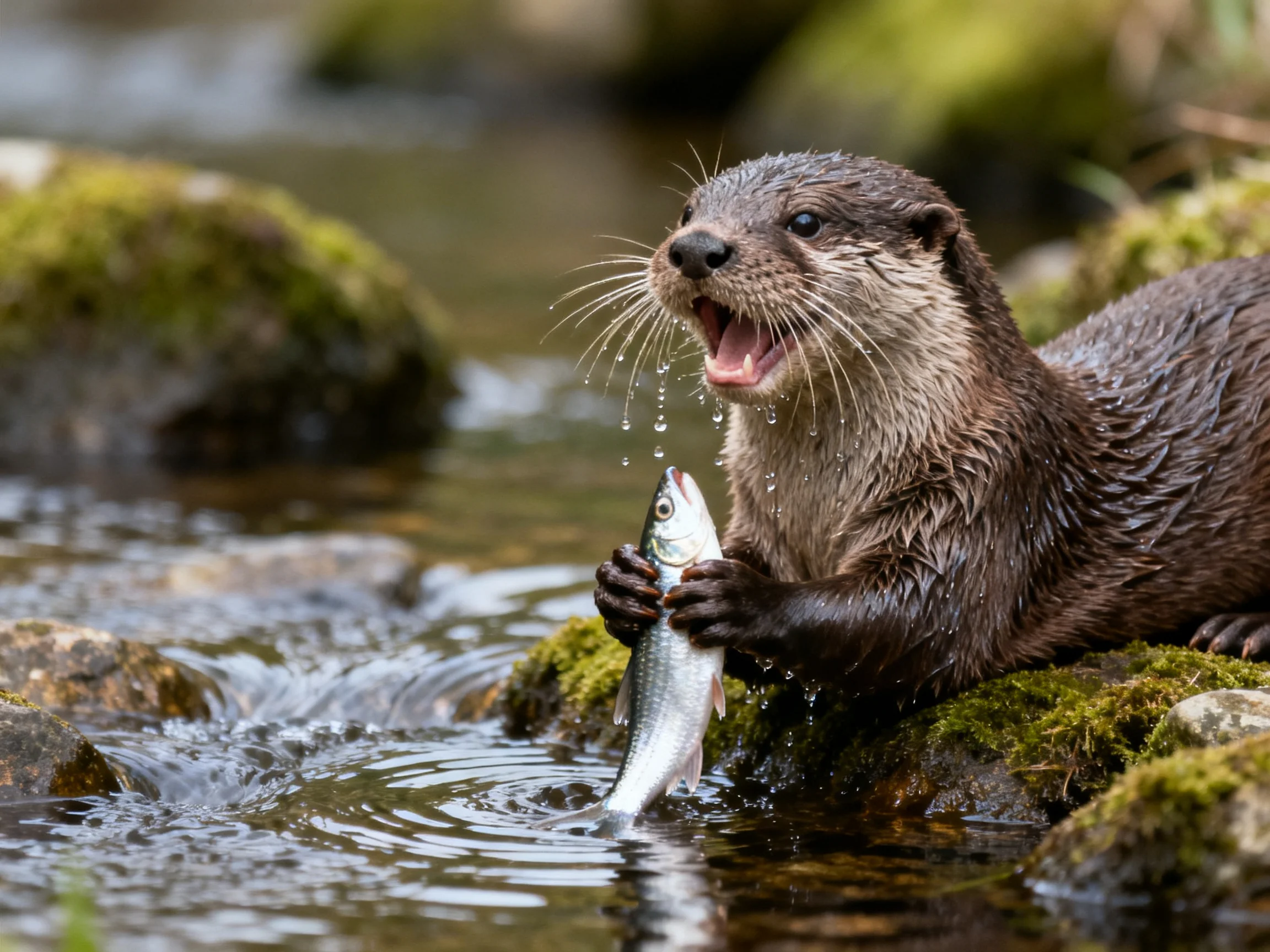 An otter catches a fish by mossy stream rocks.