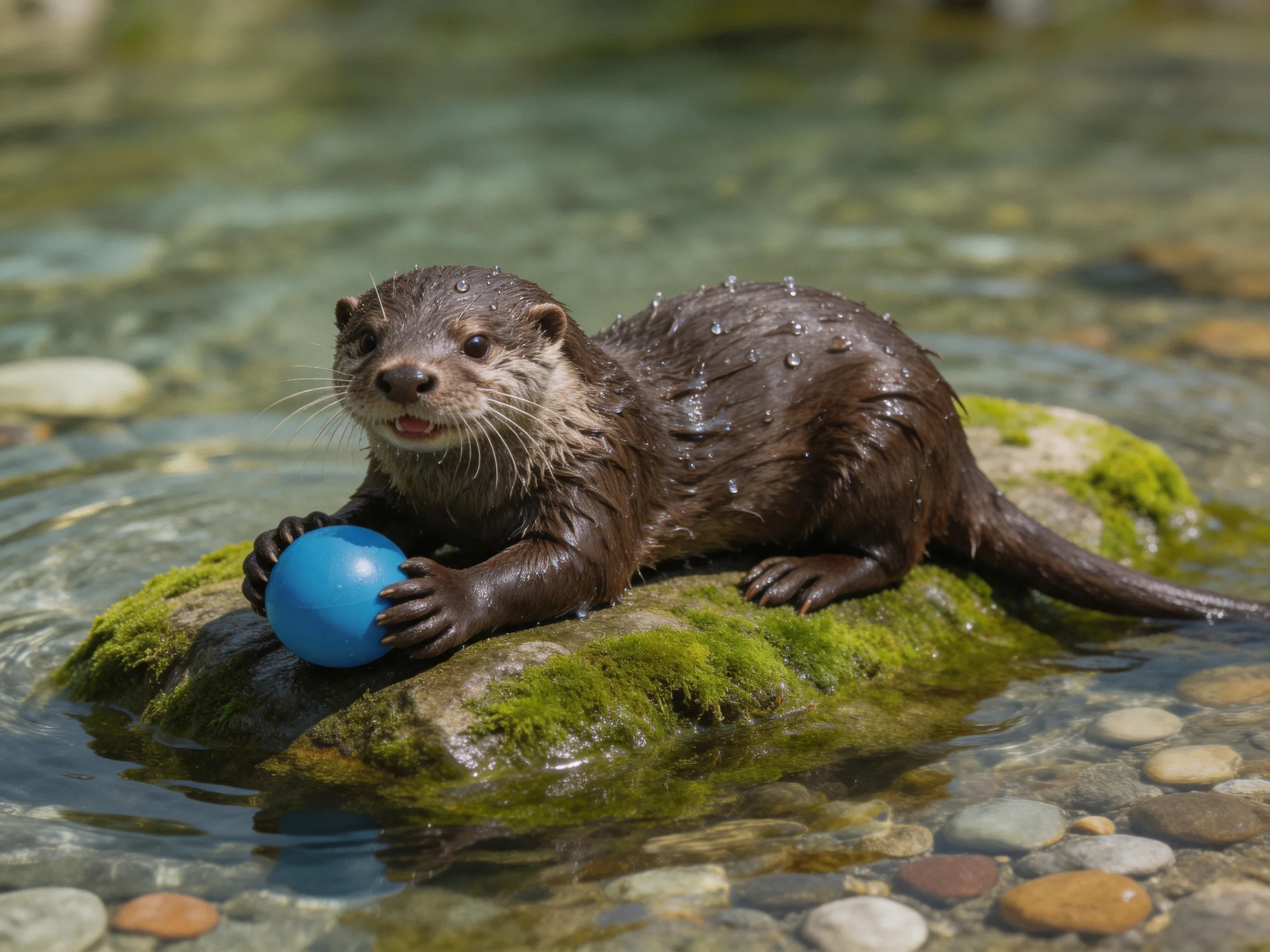 A wet otter plays with a blue ball on a moss-covered rock