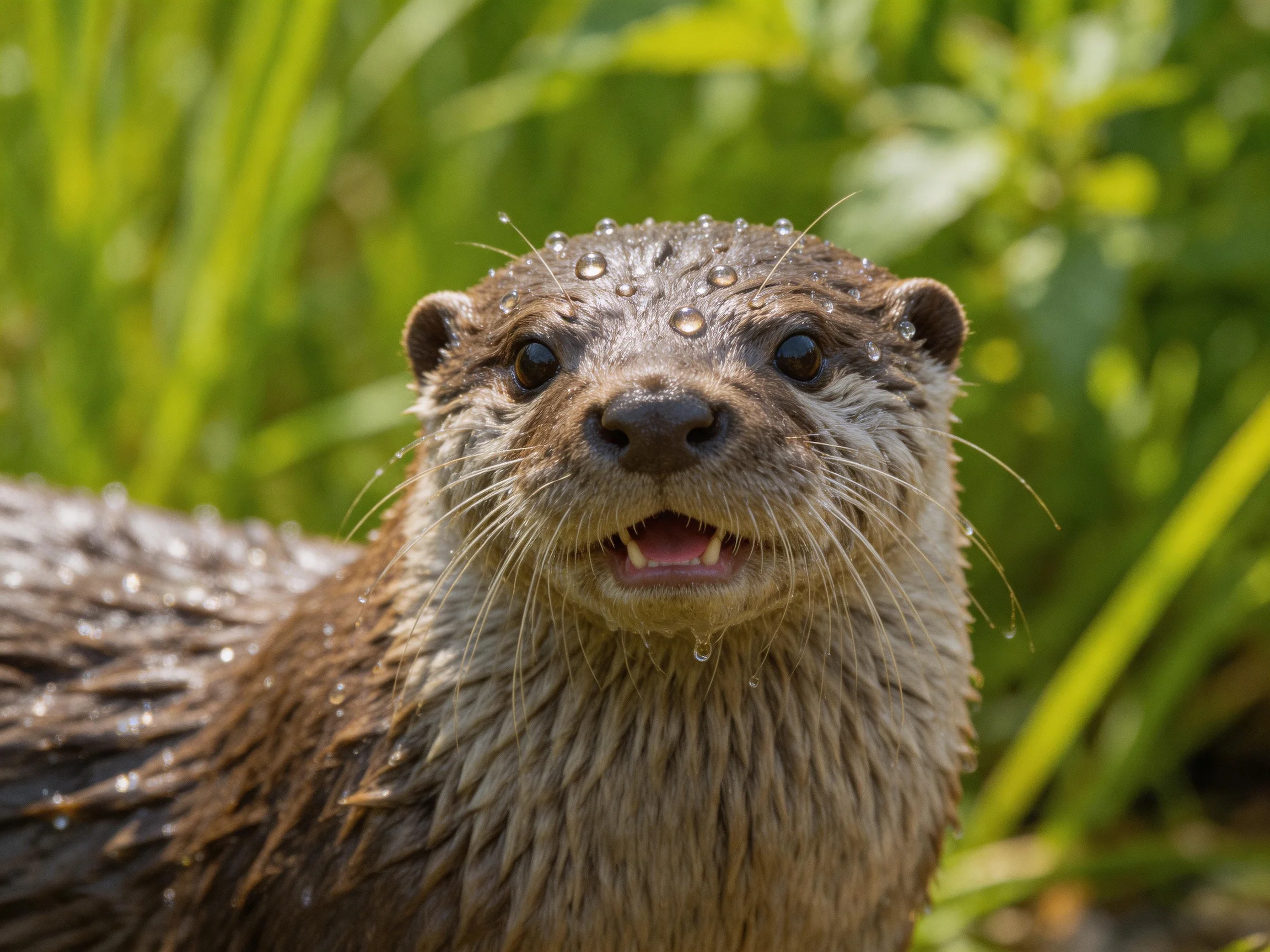 A wet otter with water droplets in lush green vegetation