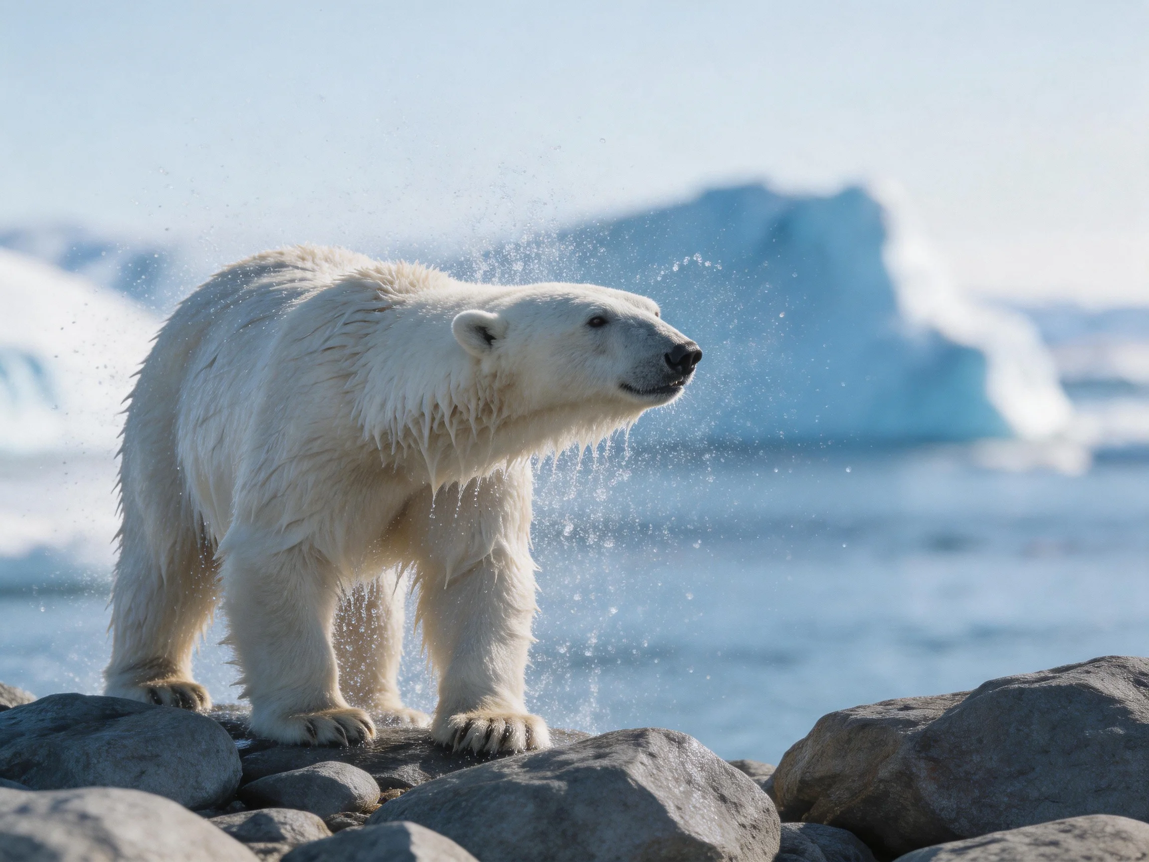 A wet polar bear stands on rocky terrain near icy waters