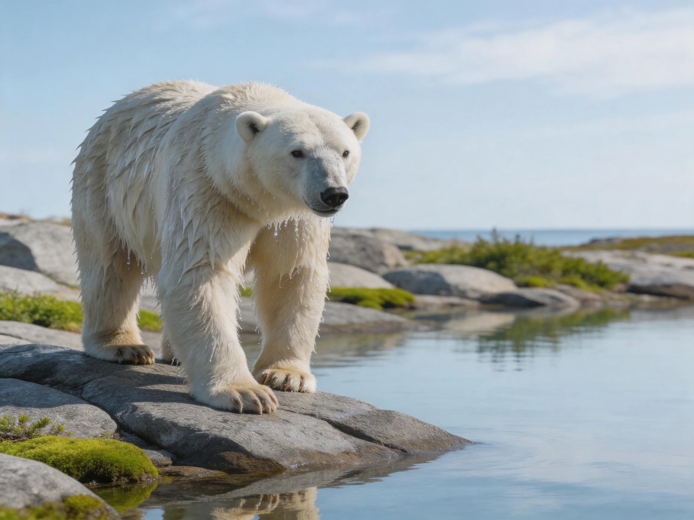 A wet polar bear walks on mossy rocks by calm water