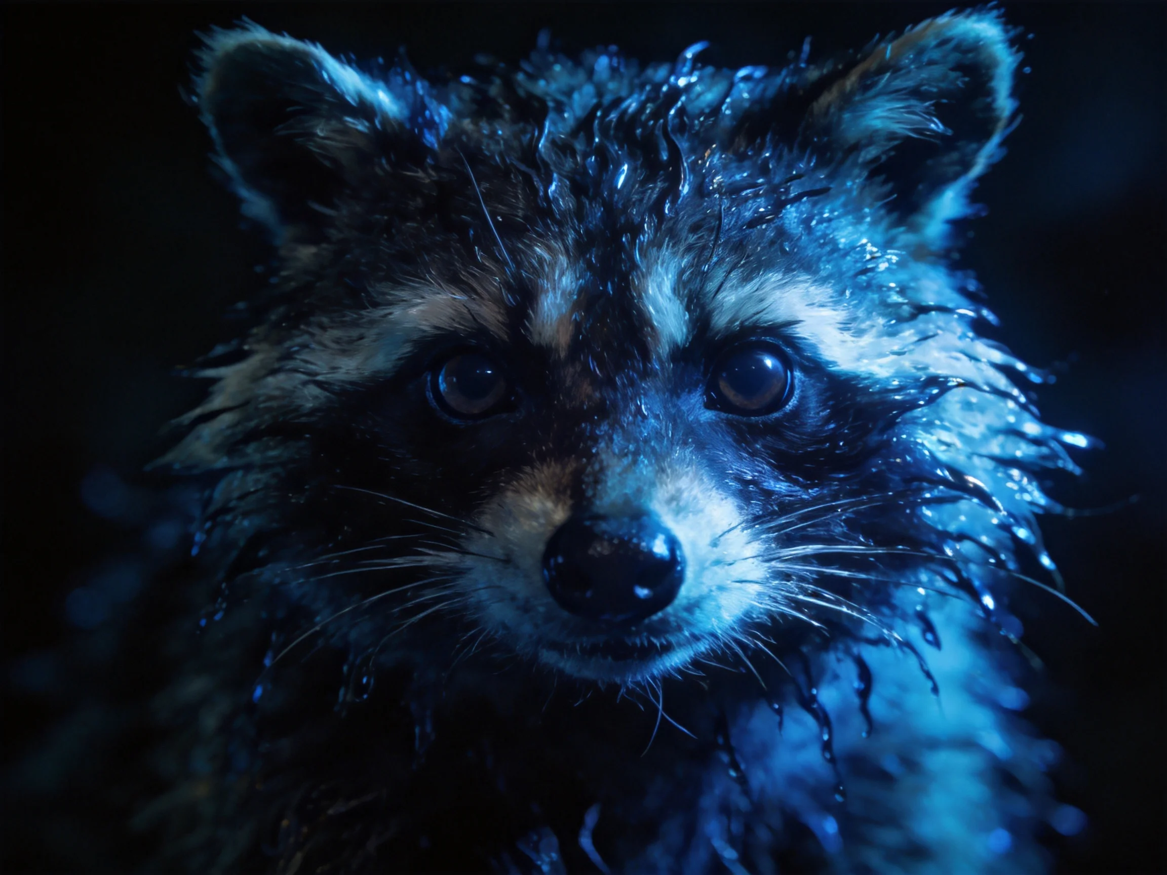 A wet raccoon illuminated by cool blue night lighting