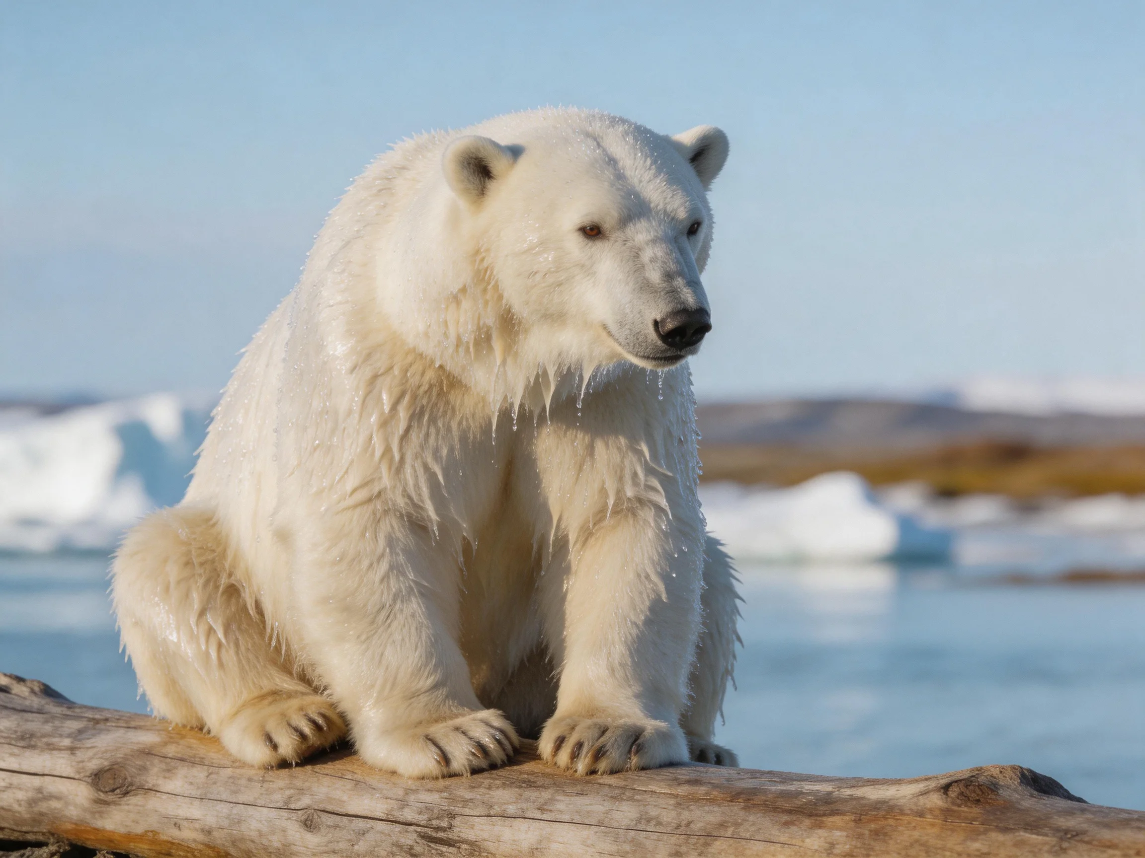 A wet polar bear sits on a log by icy water.
