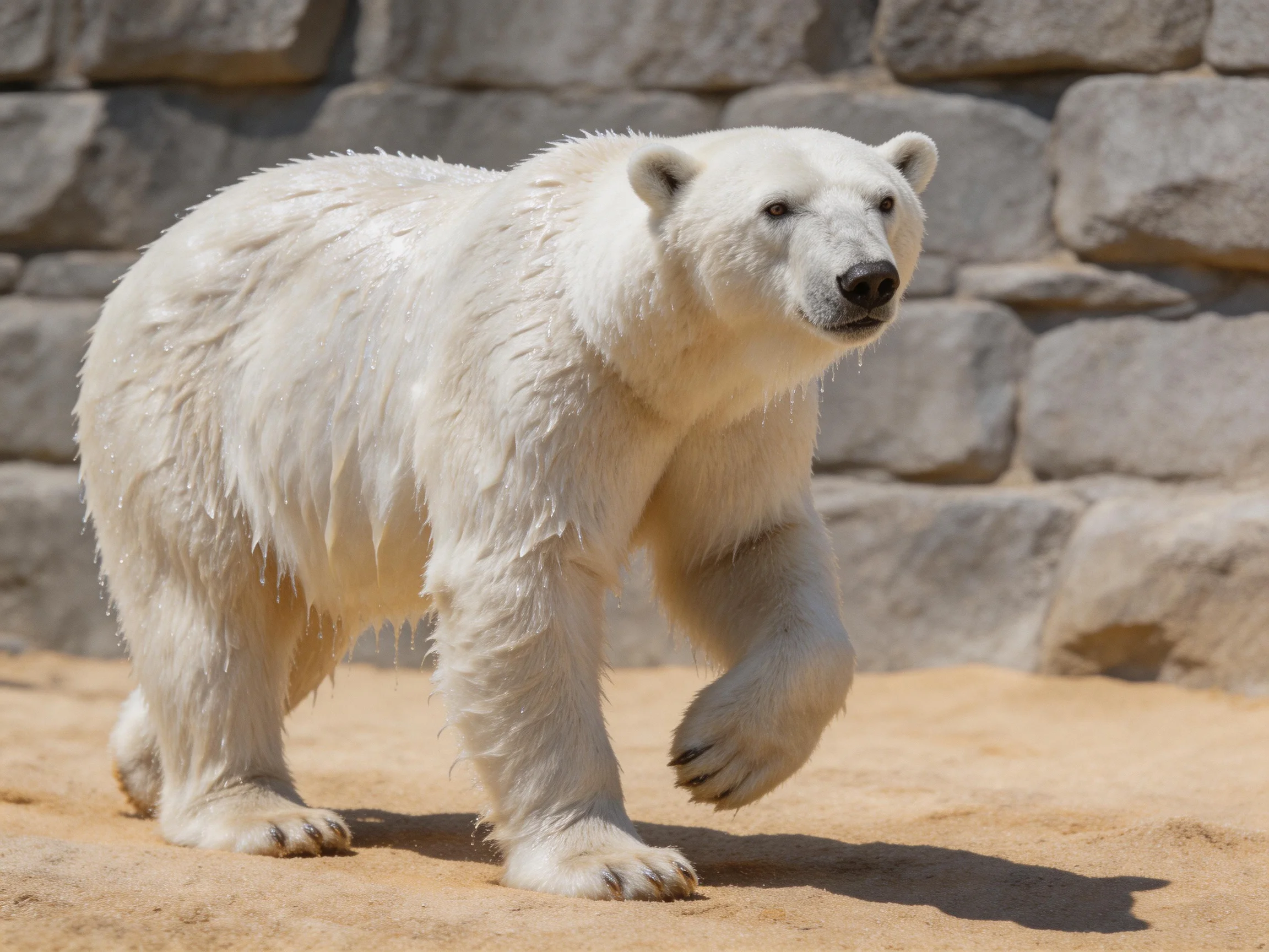 A wet polar bear walks near a stone wall enclosure.