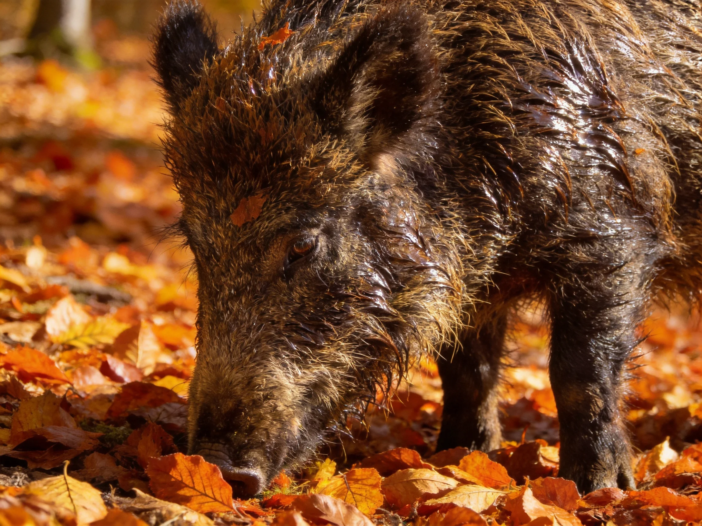 A wet wild boar forages among autumn-hued fallen leaves