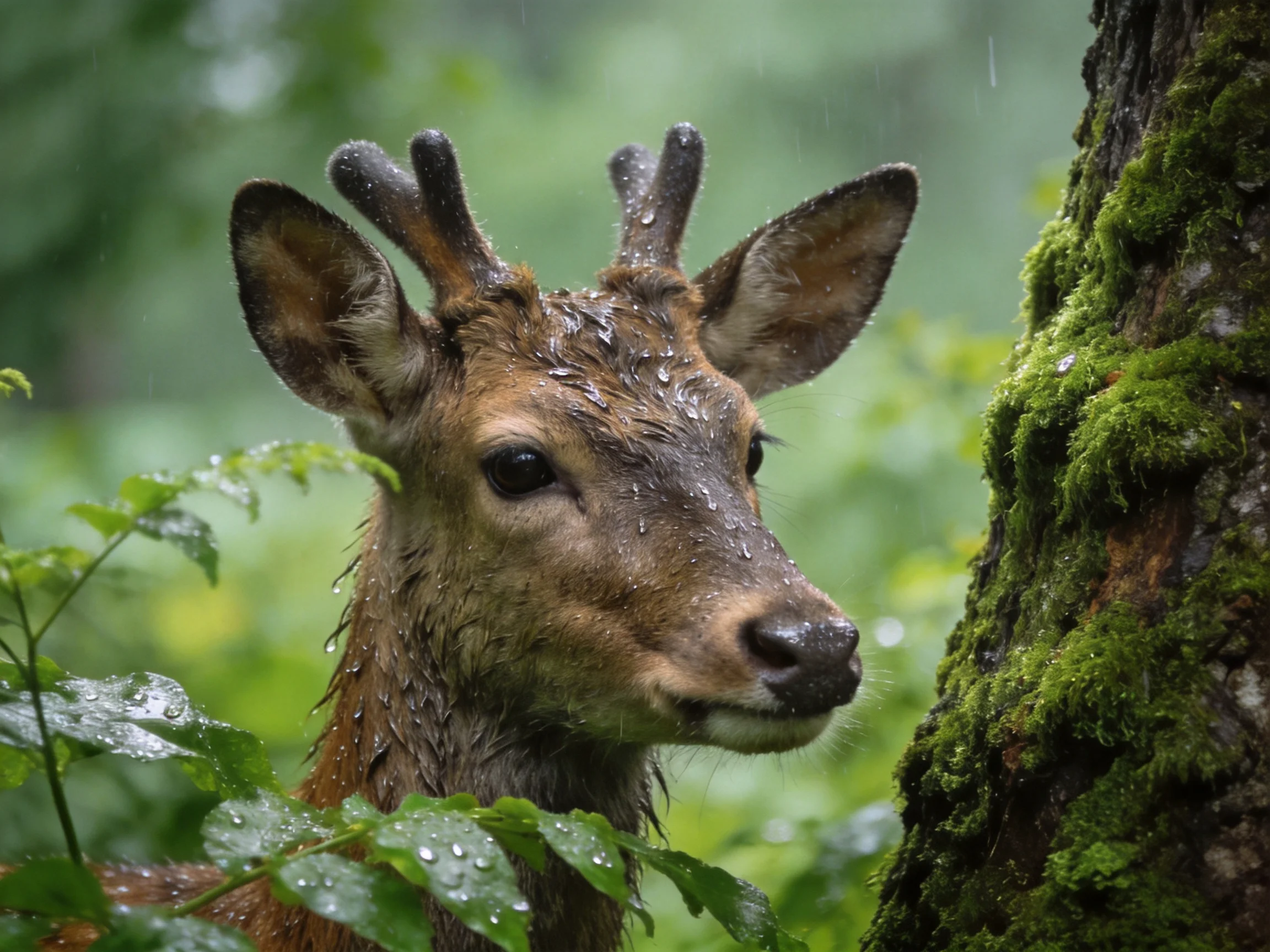 A wet young deer near a moss-covered tree in a rainy forest