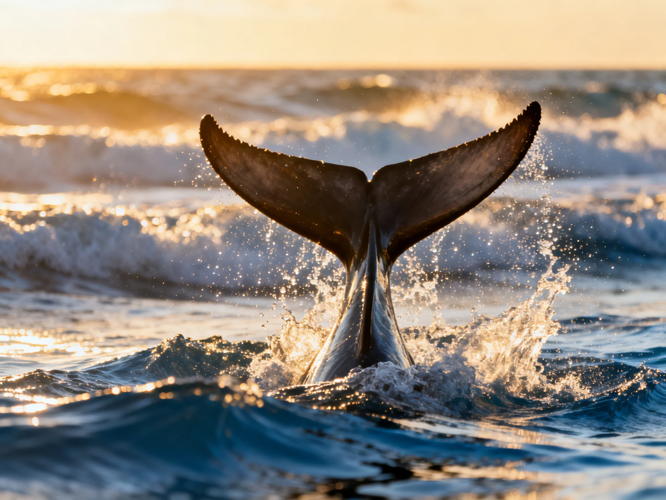 A whales tail emerges from ocean waves at golden hour