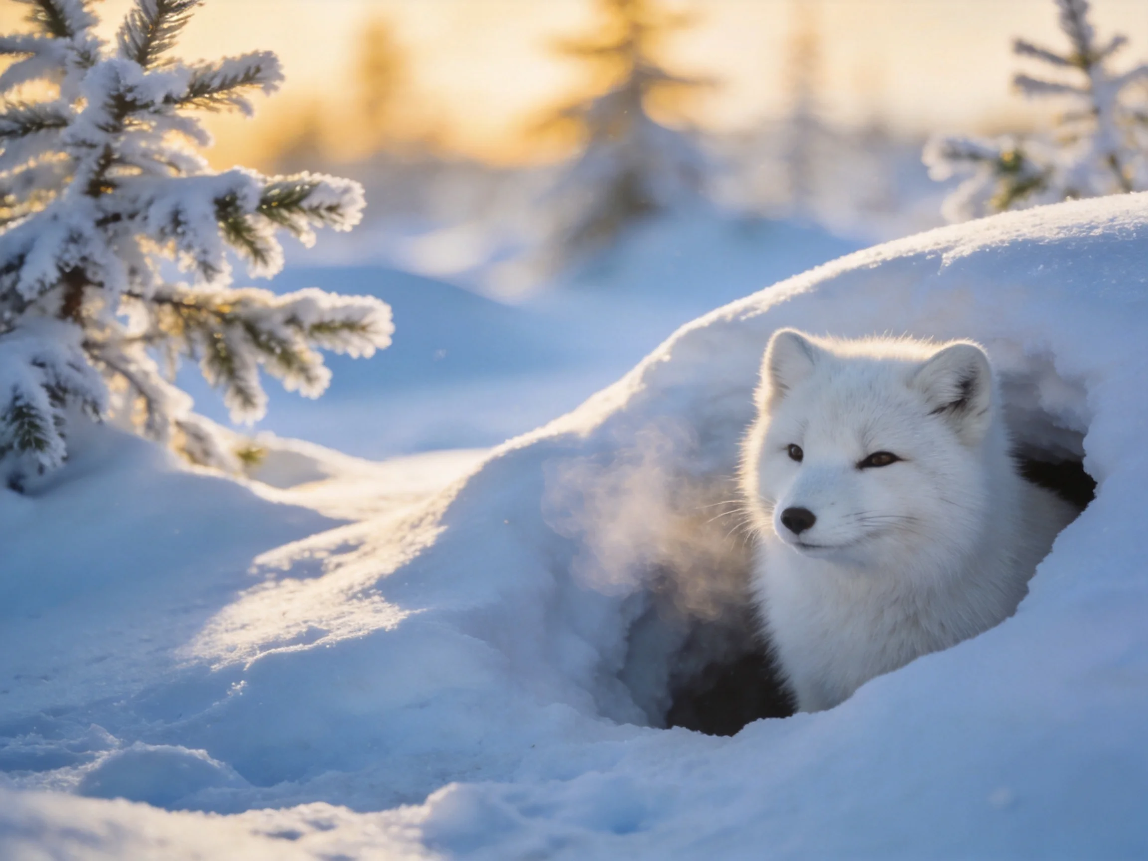 A white Arctic fox emerges from a snow mound near frost-laden evergreens