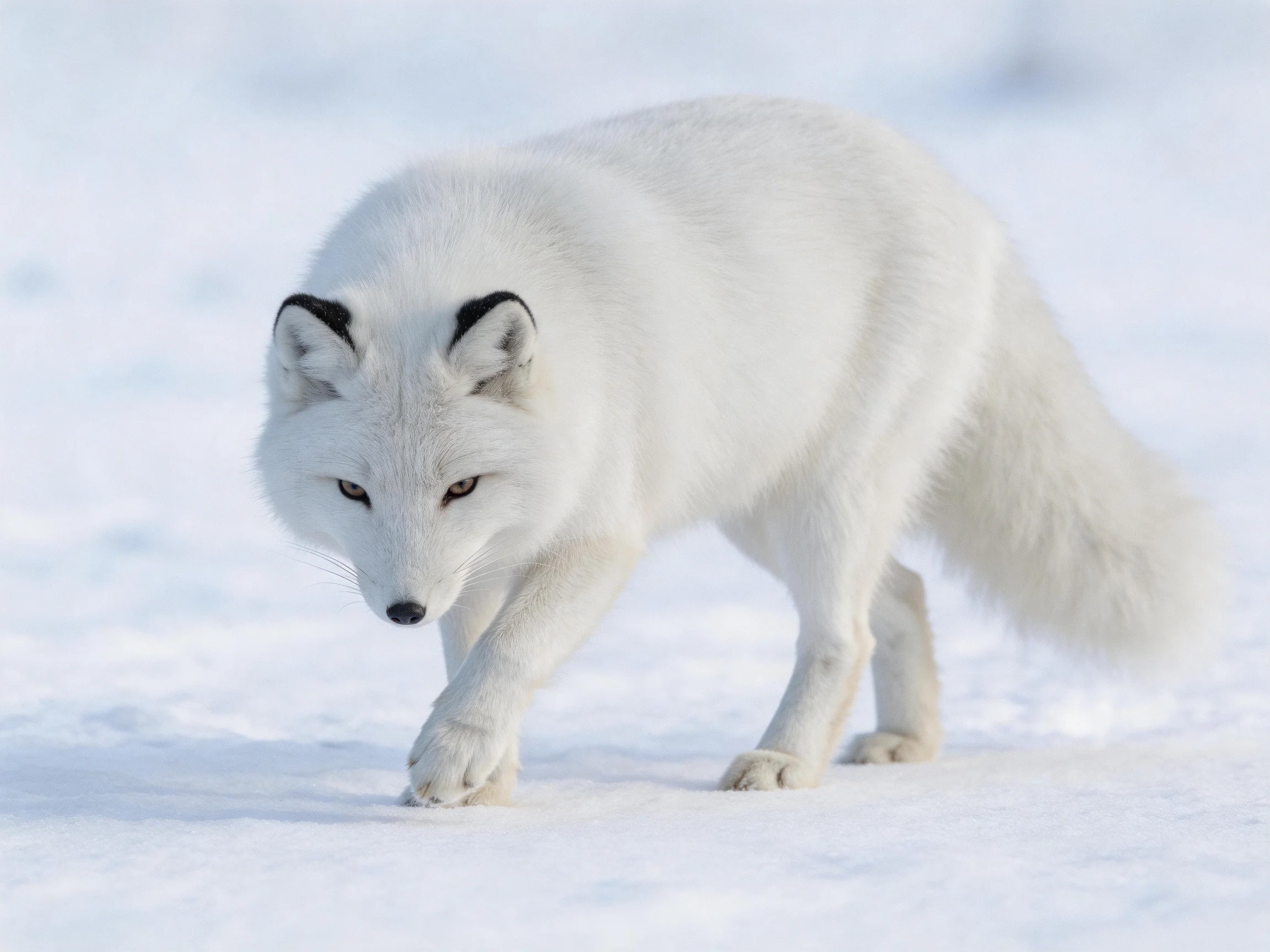 An Arctic fox moves carefully across a snow-covered area.
