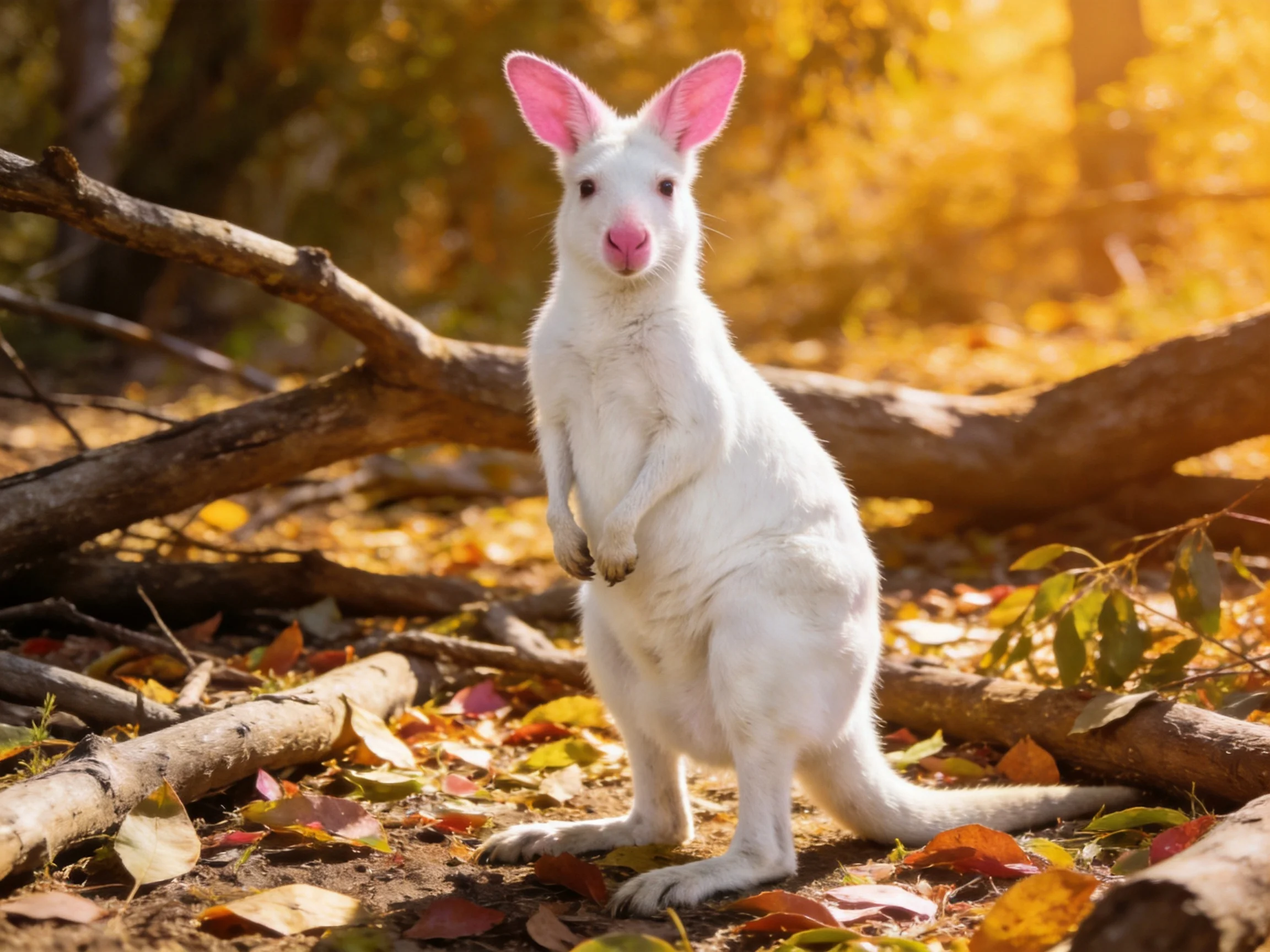 An albino wallaby with pink ears stands among fallen branches and autumn leaves in a sunlit forest.