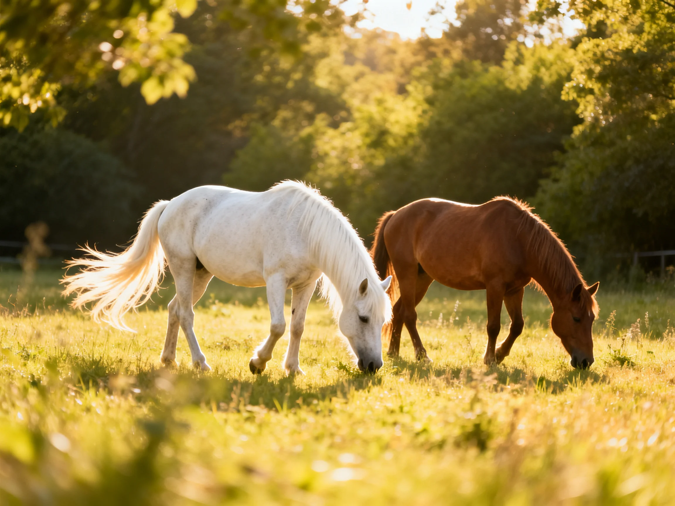 A white and brown horse pair graze in a sunlit meadow