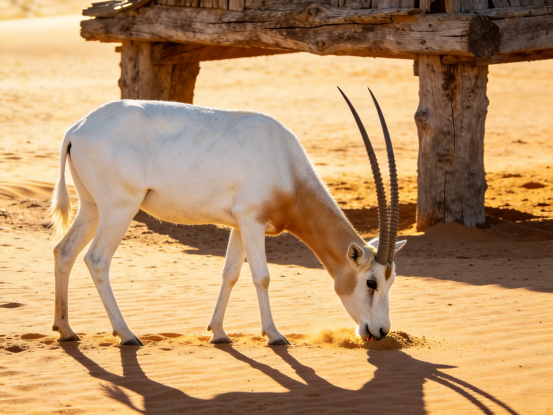 A white antelope forages near an aged wooden shelter in golden sand