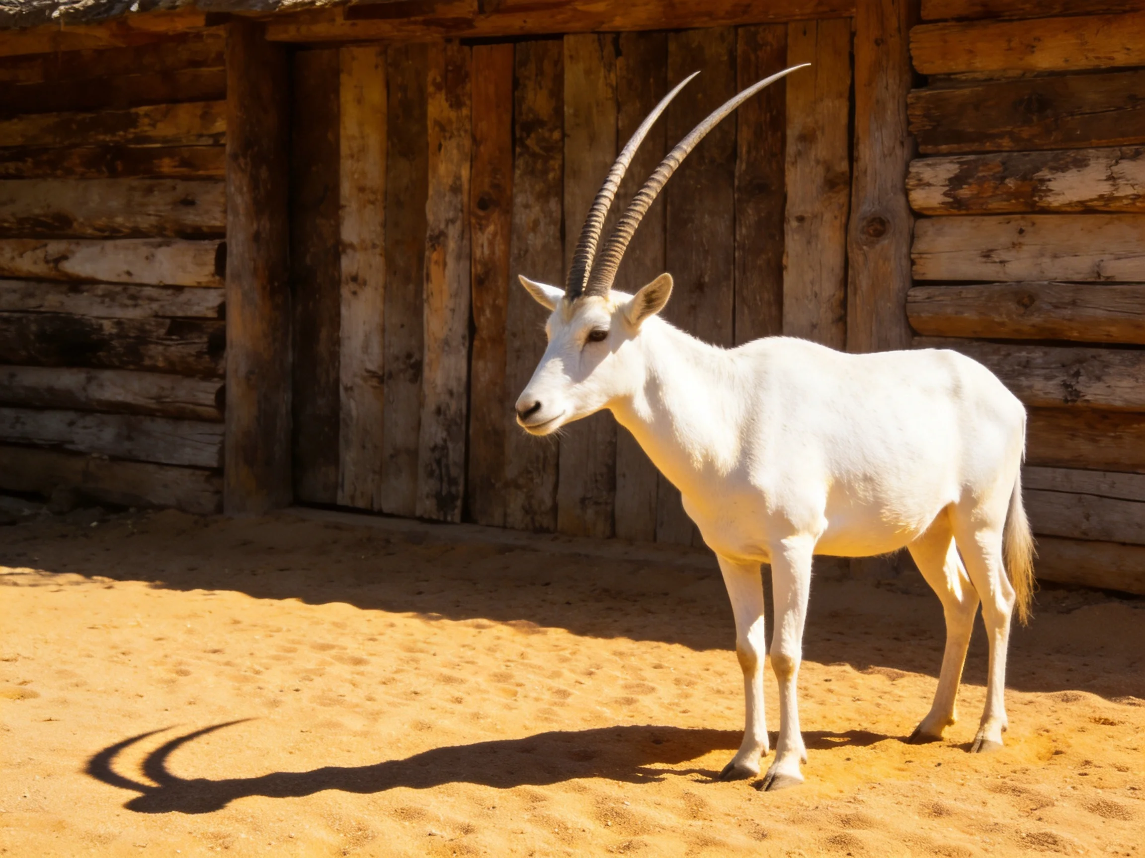 A white antelope with long curved horns near an old wooden cabin